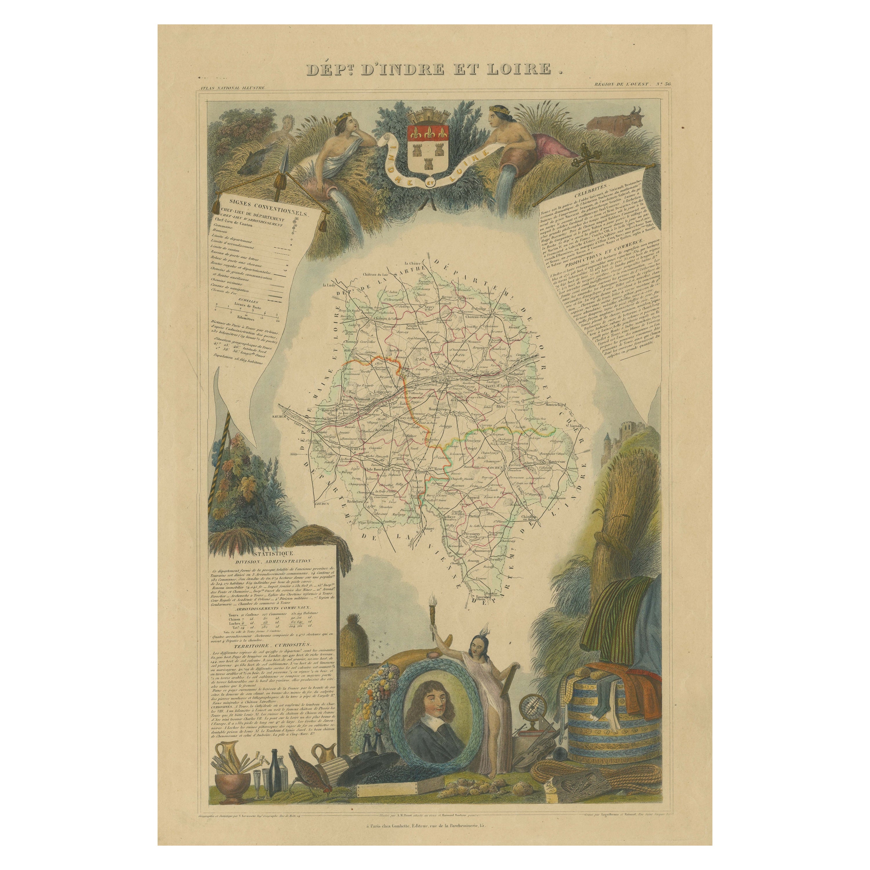 Mappa antica colorata a mano del dipartimento dell'Indre e della Loira, Francia