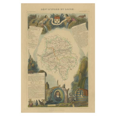 Hand Colored Antique Map of the department of Indre and Loire, France