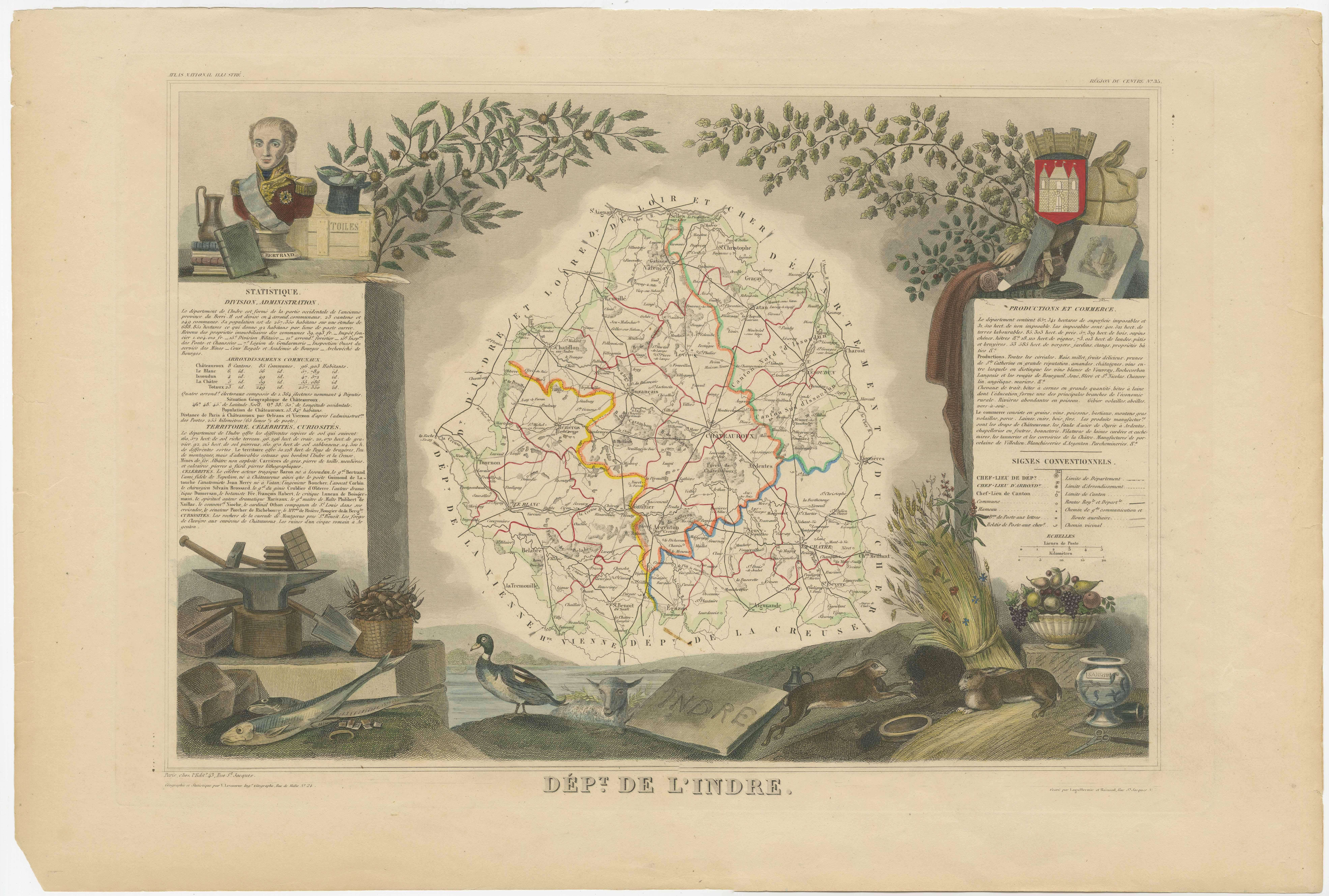 Antique map titled 'Dept. de l'Indre'. Map of the French department of Indre, France. Part of the Loire Valley wine region, this area is known for its production of Chinon wines, typically red, and production of Pouligny-Saint-Pierre, goats'-milk