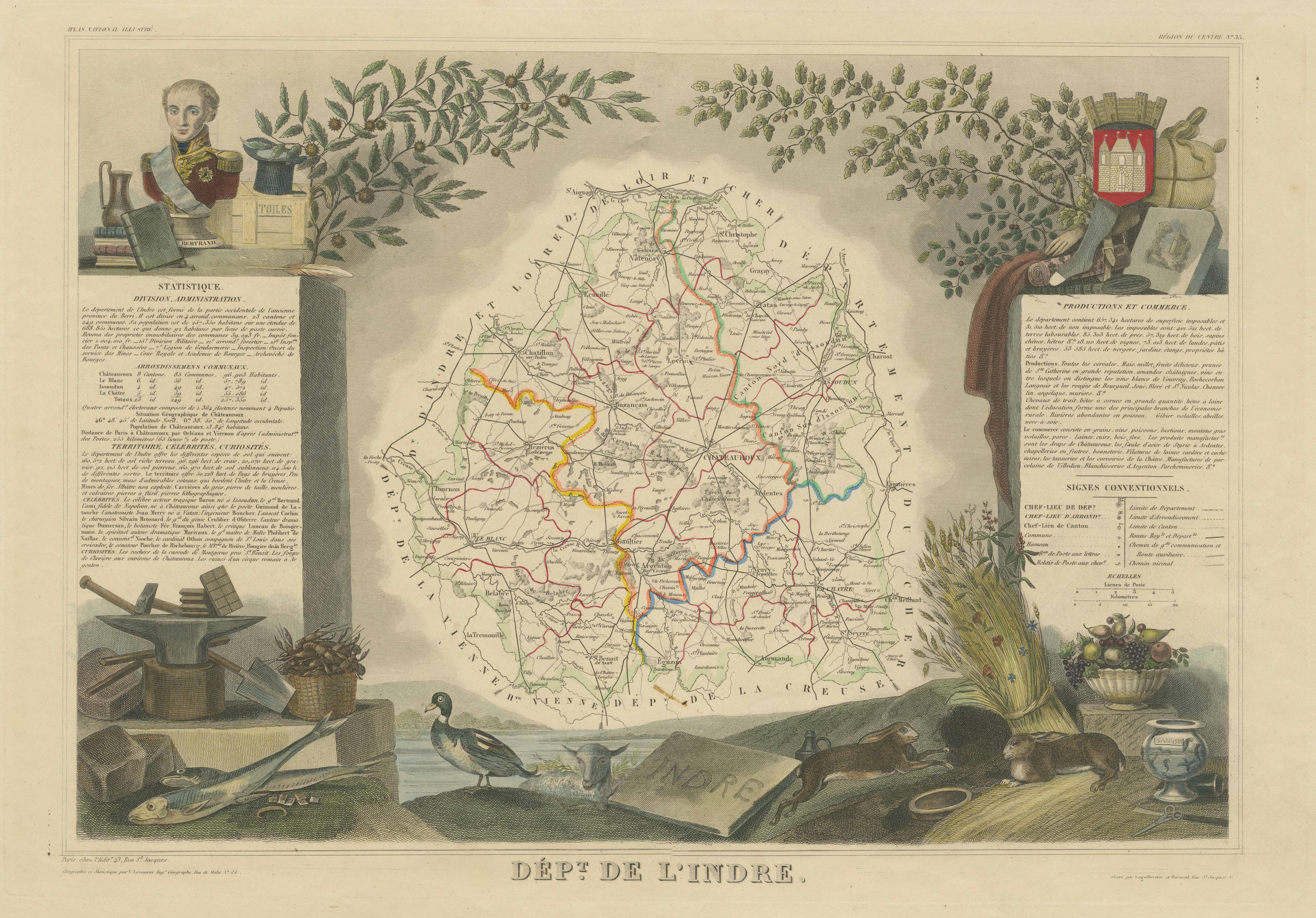 Hand Colored Antique Map of the Department of Indre, France In Good Condition For Sale In Langweer, NL
