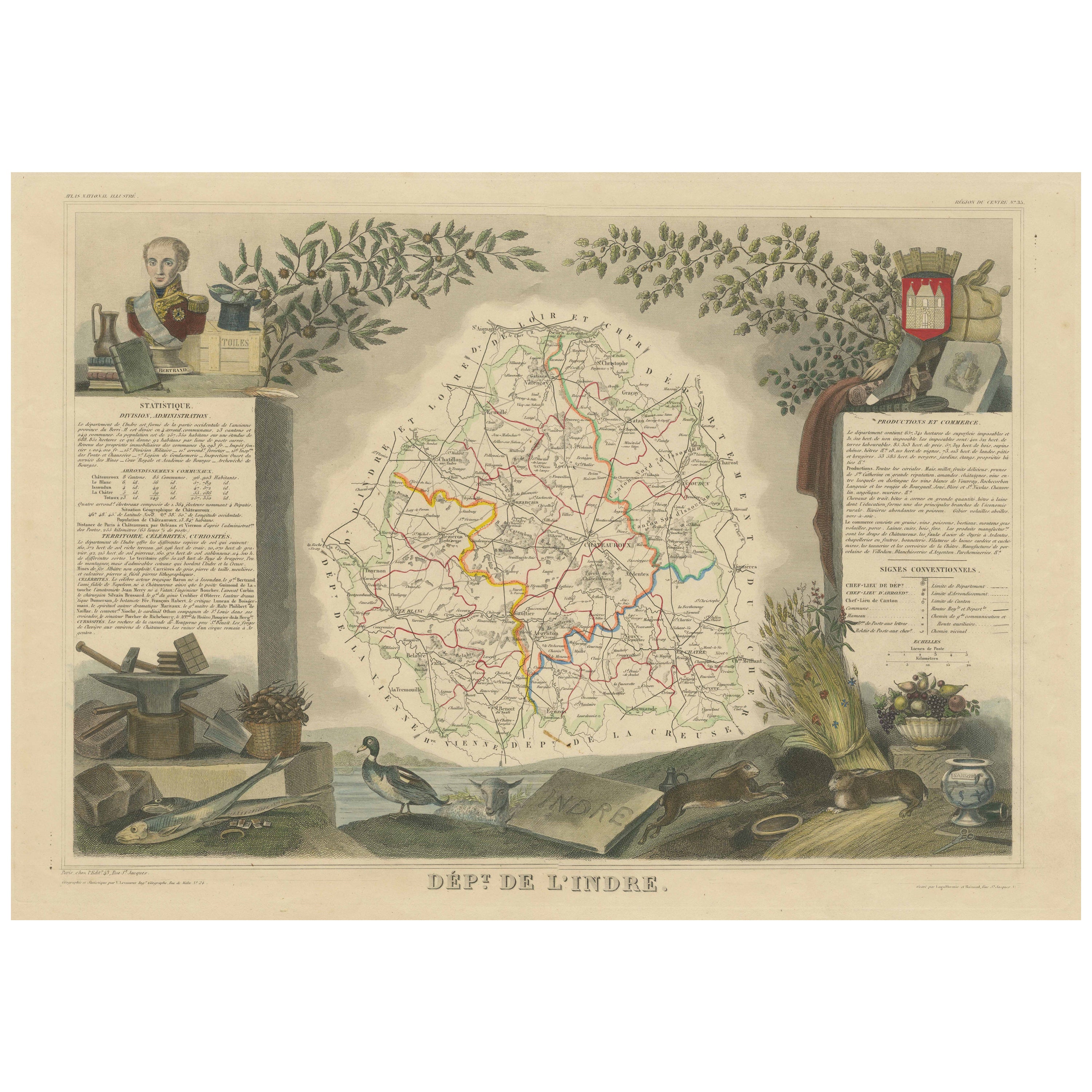 Carte ancienne, colorée à la main, du département de l'Indre, France