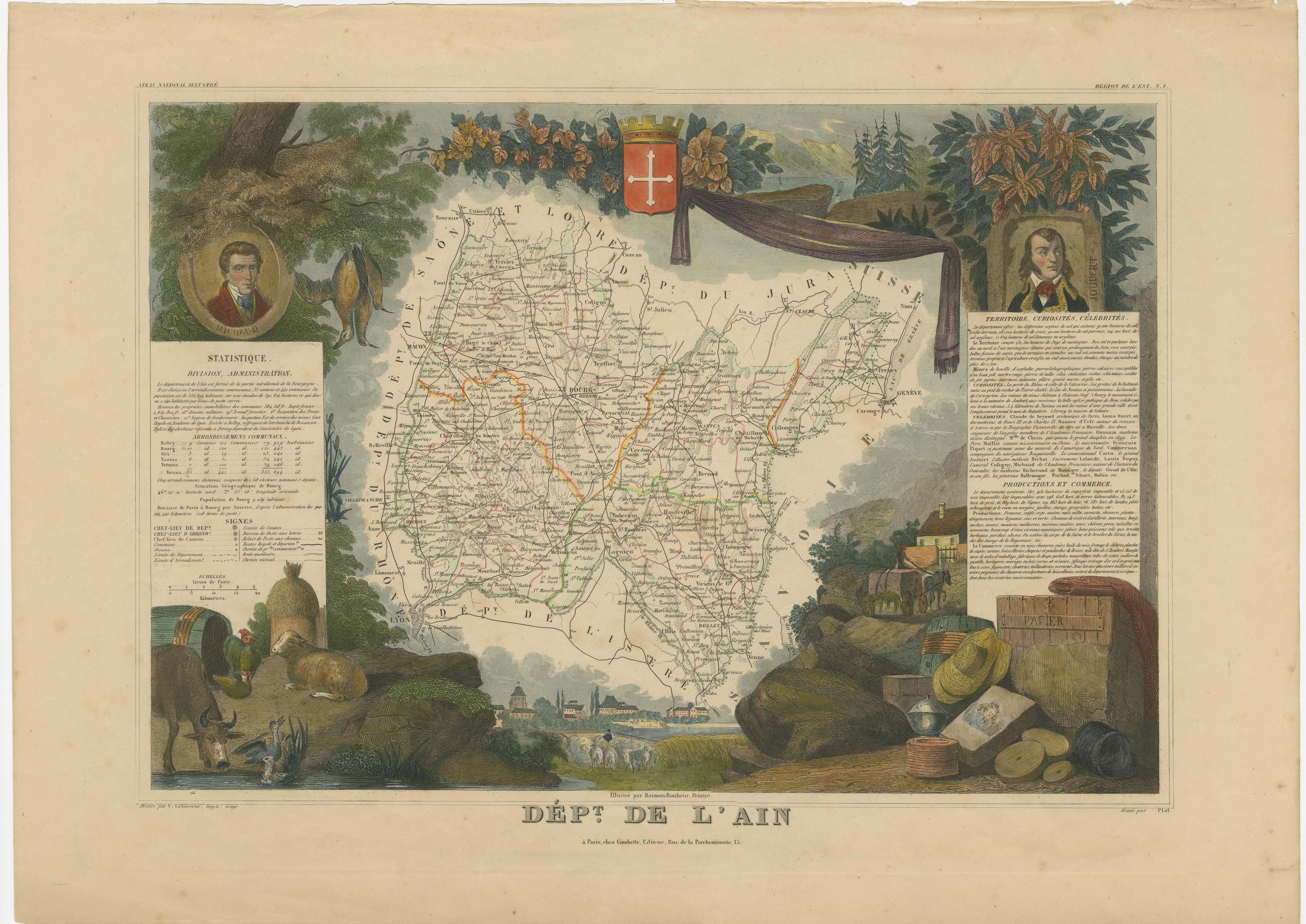 Antique map titled 'Dépt. de l'Ain'. Map of the French department of l'Ain, France. This area of France is known for its Bugey wines, which are generally aromatic and white. It is also known for its fine blue cheese, poultry, and fisheries. The