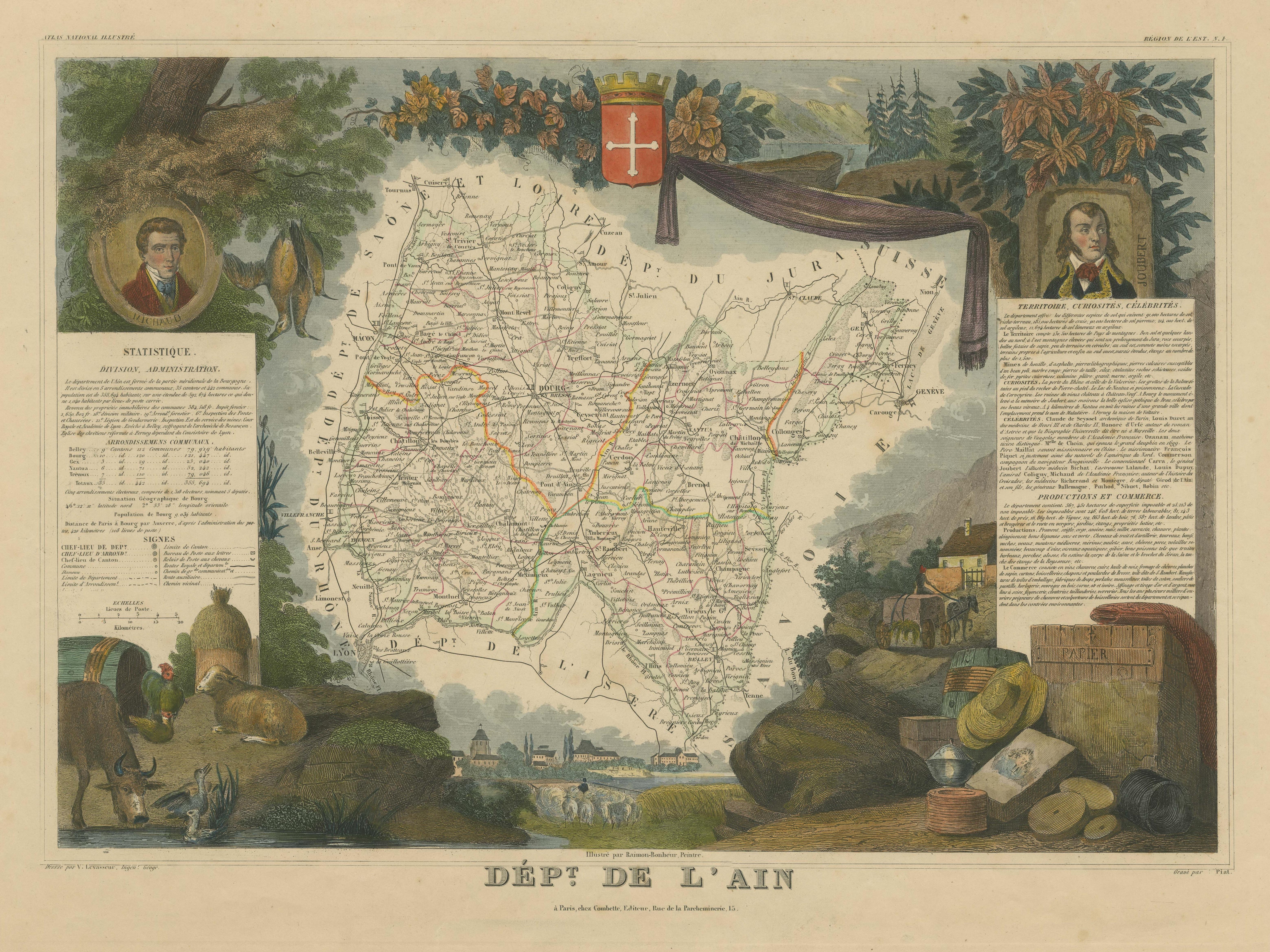 Carte ancienne colorée à la main du département de L''ain, France Bon état - En vente à Langweer, NL