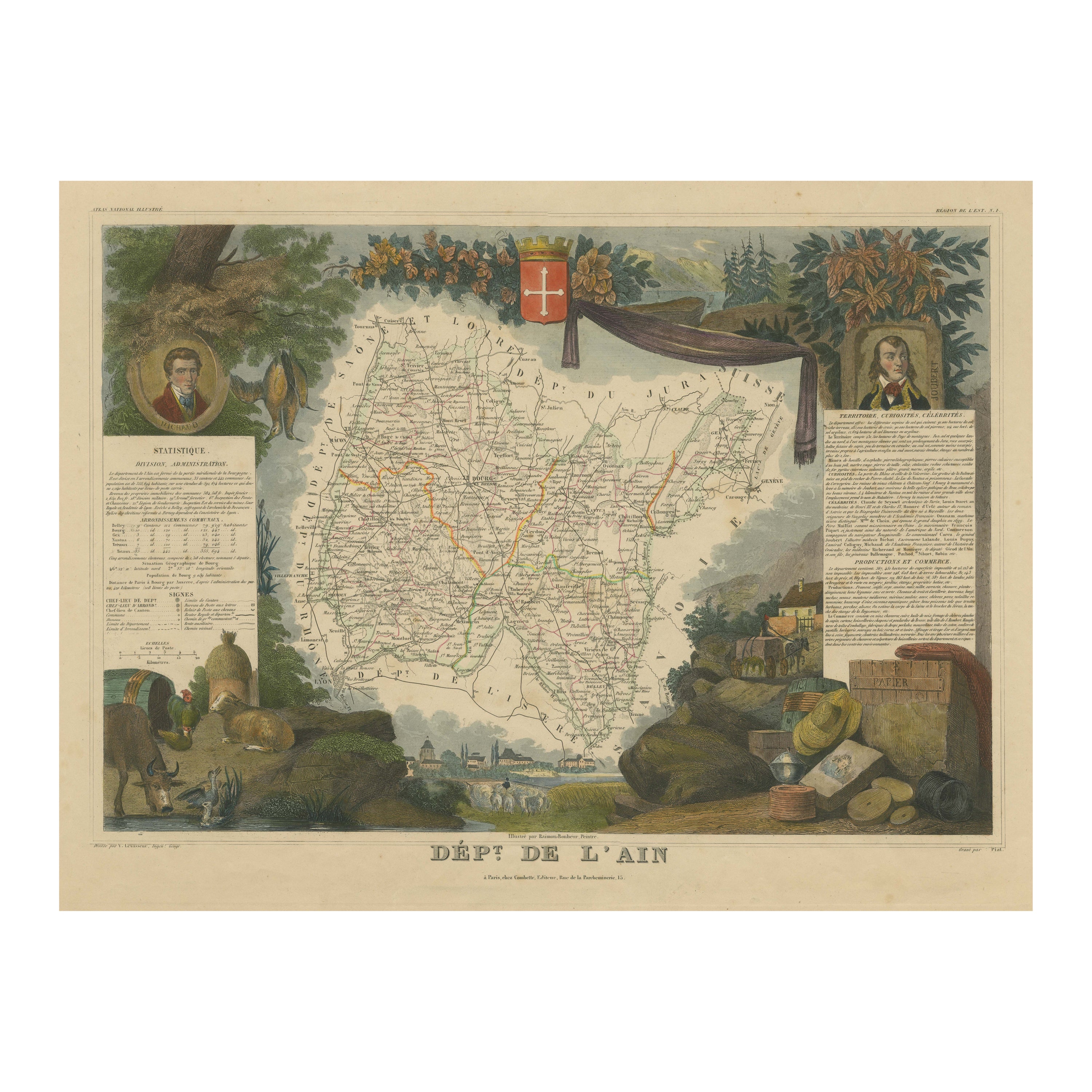 Carte ancienne colorée à la main du département de L''ain, France