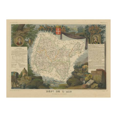Hand Colored Antique Map of the Department of L'ain, France, 1852