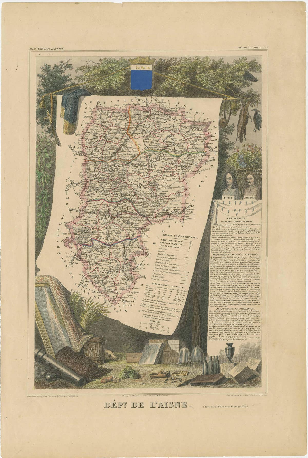 Hand Colored Antique Map of the Department of L'aisne, France