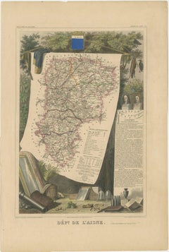 Mapa Antiguo Coloreado a Mano del Departamento de L'aisne, Francia