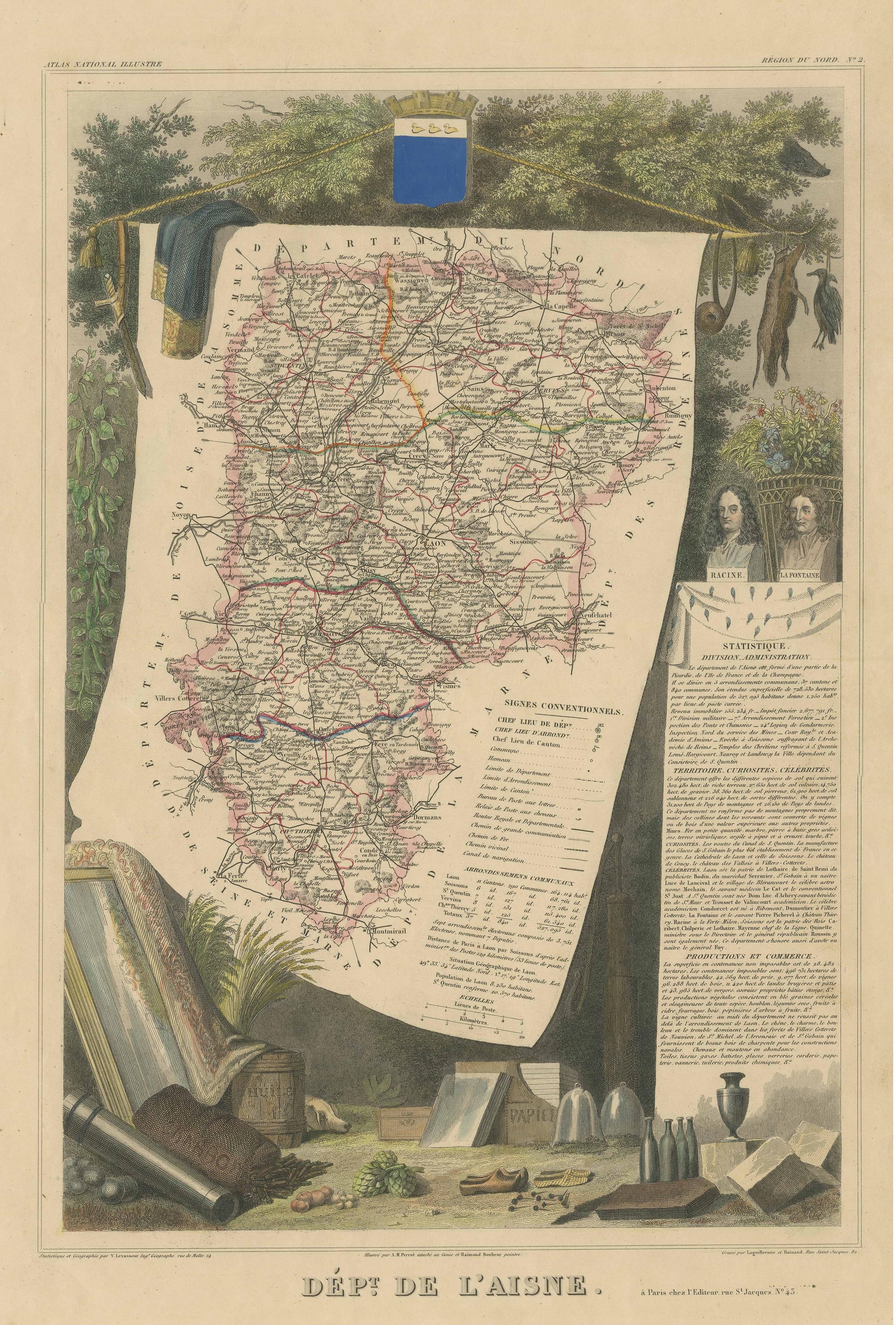 Handkolorierte antike Karte des Departements L''aisne, Frankreich im Zustand „Gut“ im Angebot in Langweer, NL