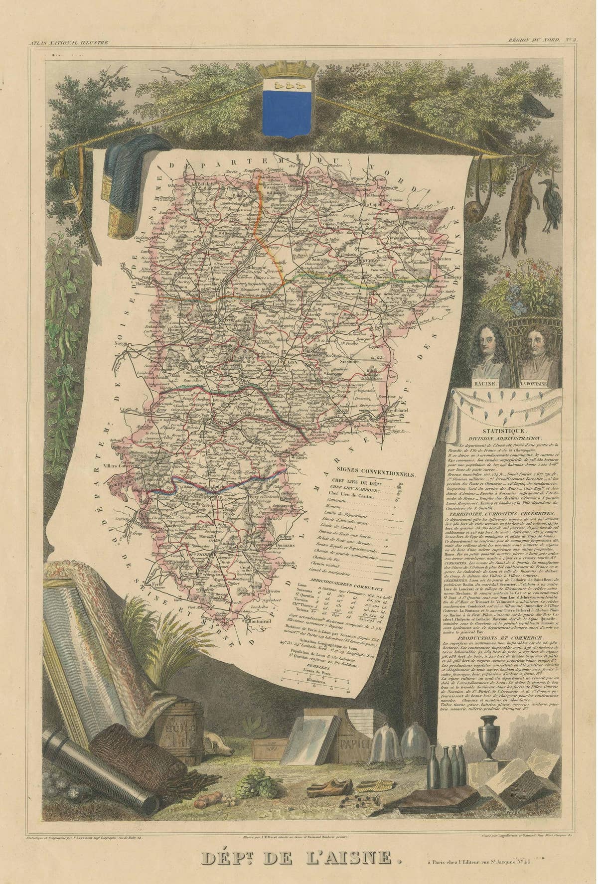 Hand Colored Antique Map of the Department of L'aisne, France