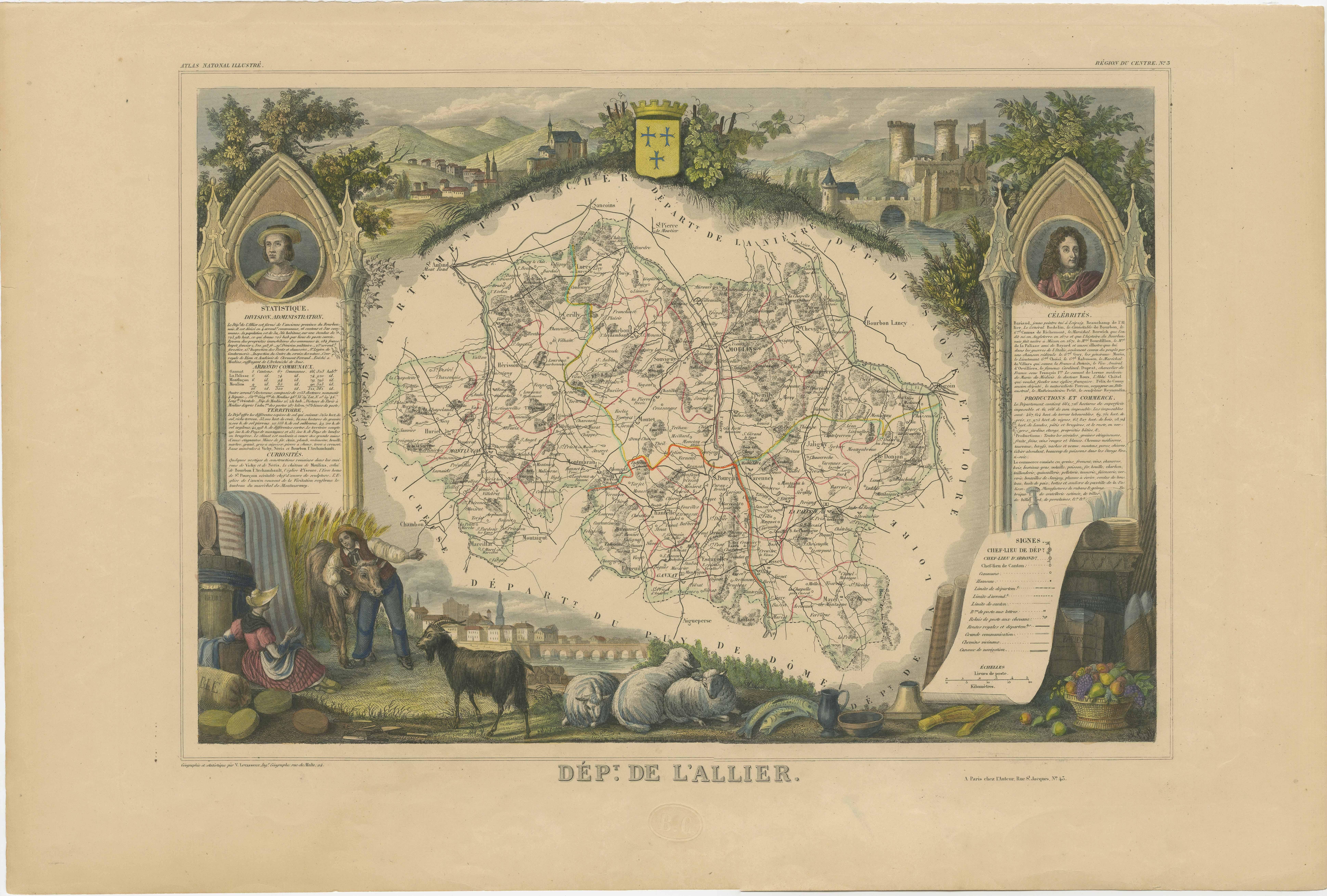 Antike Karte mit dem Titel 'Dept. De L'Allier'. Karte des französischen Departements l'Allier, Frankreich. Diese Region Frankreichs ist für die Herstellung von Saint-Pourçain-Wein bekannt. Es ist auch einer der wenigen Orte in Südeuropa, an denen