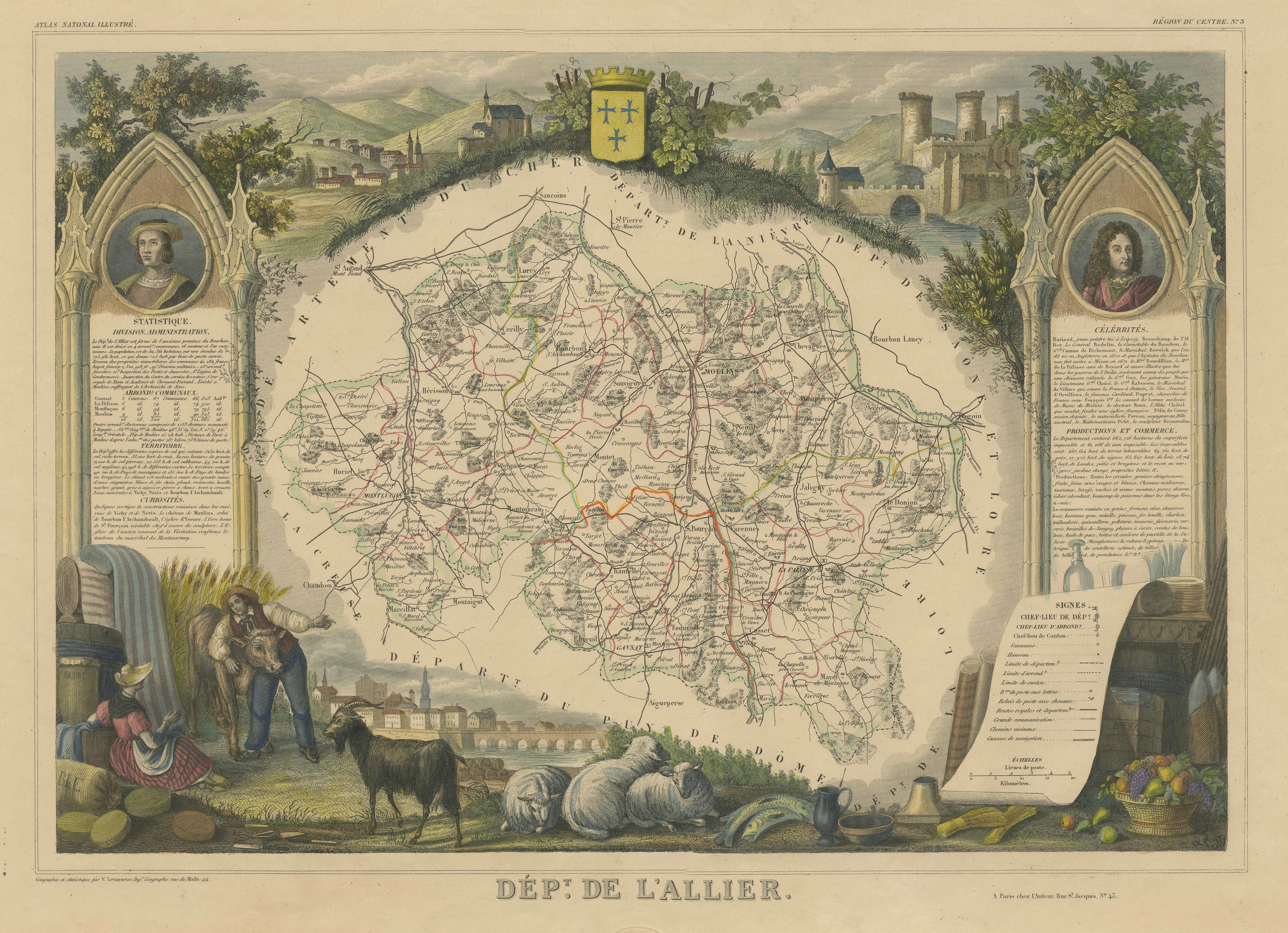 Hand Colored Antique Map of the Department of L'allier, France In Good Condition For Sale In Langweer, NL