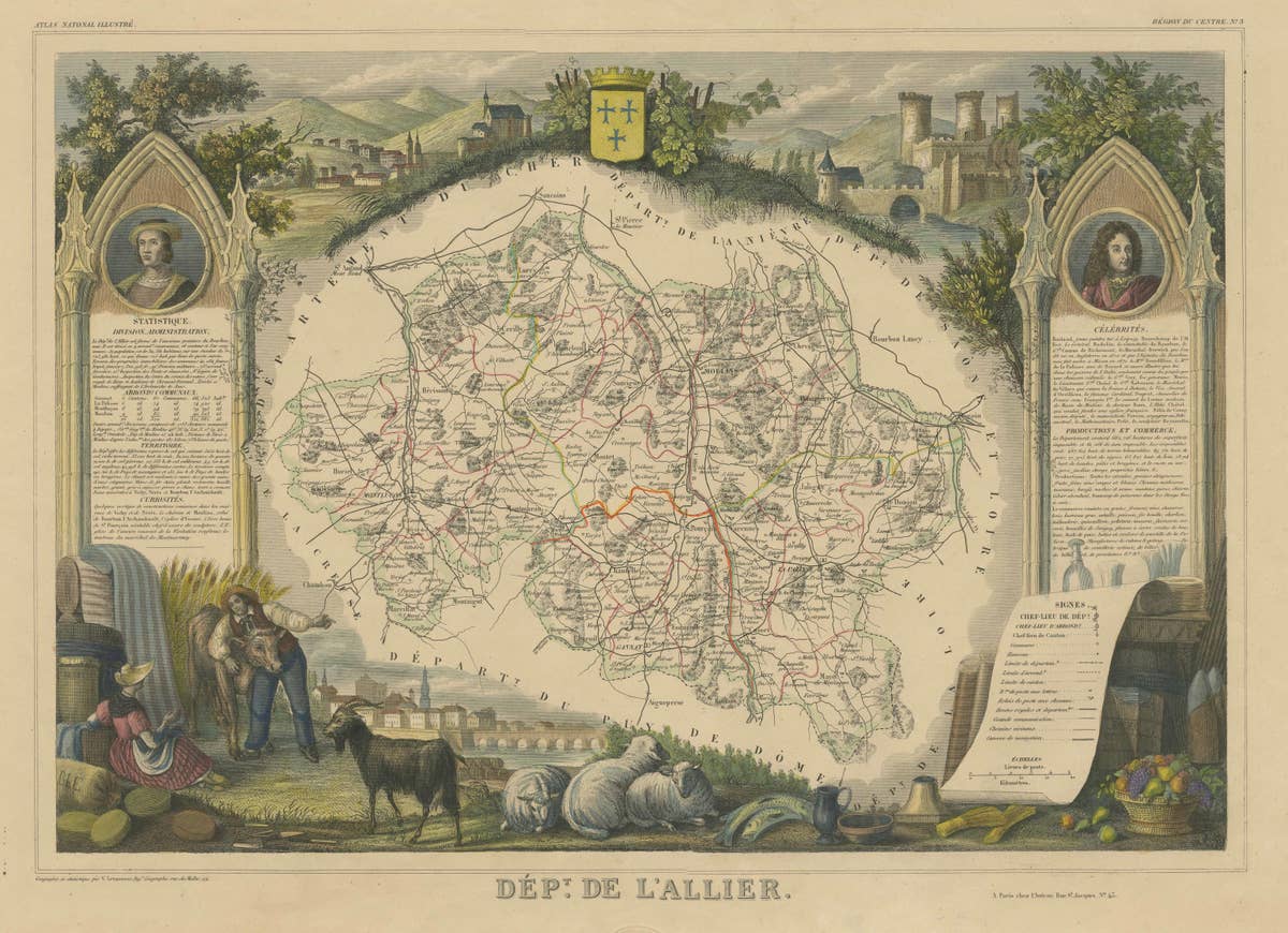 Hand Colored Antique Map of the Department of L'allier, France
