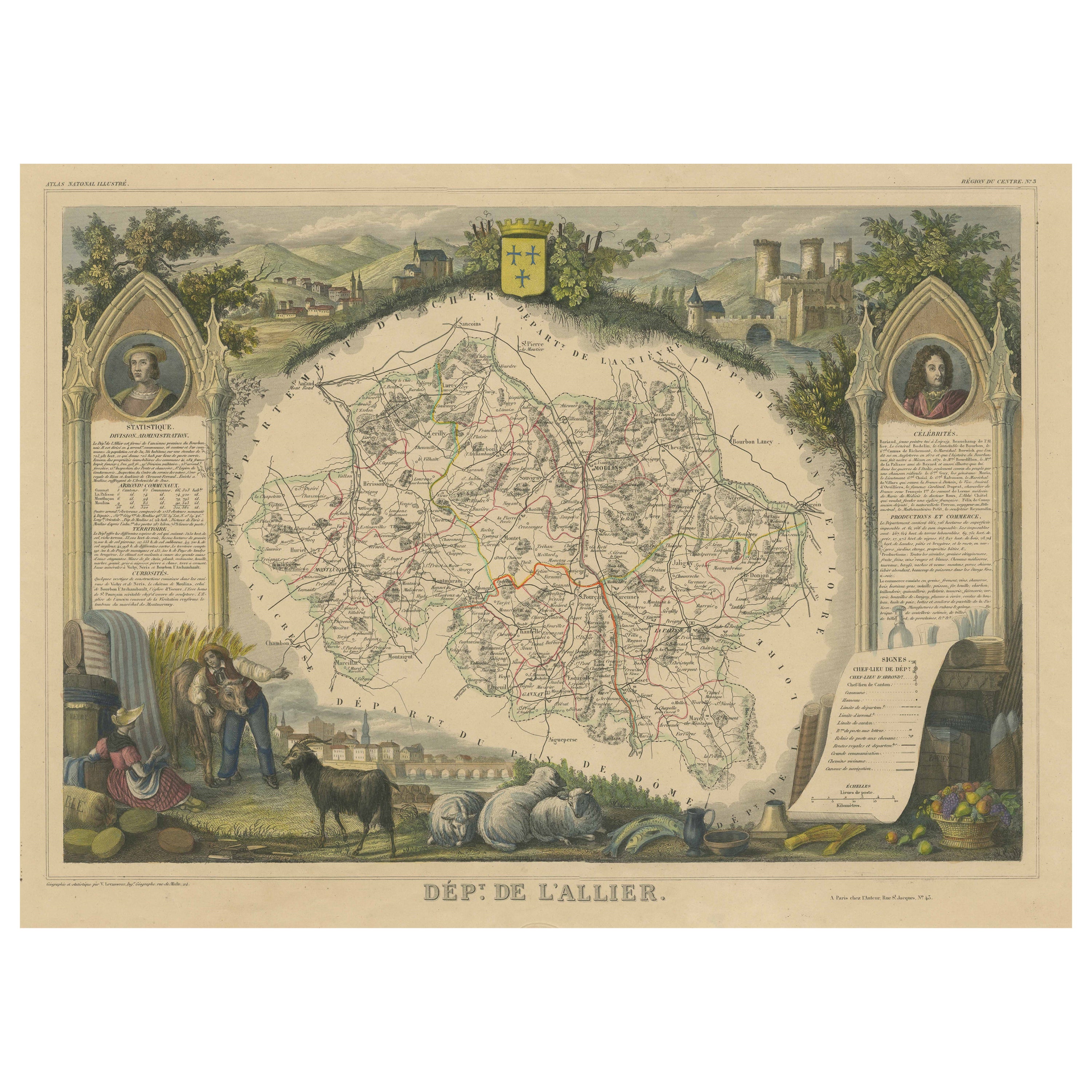 Mappa antica colorata a mano del Dipartimento di L'allier, Francia in vendita