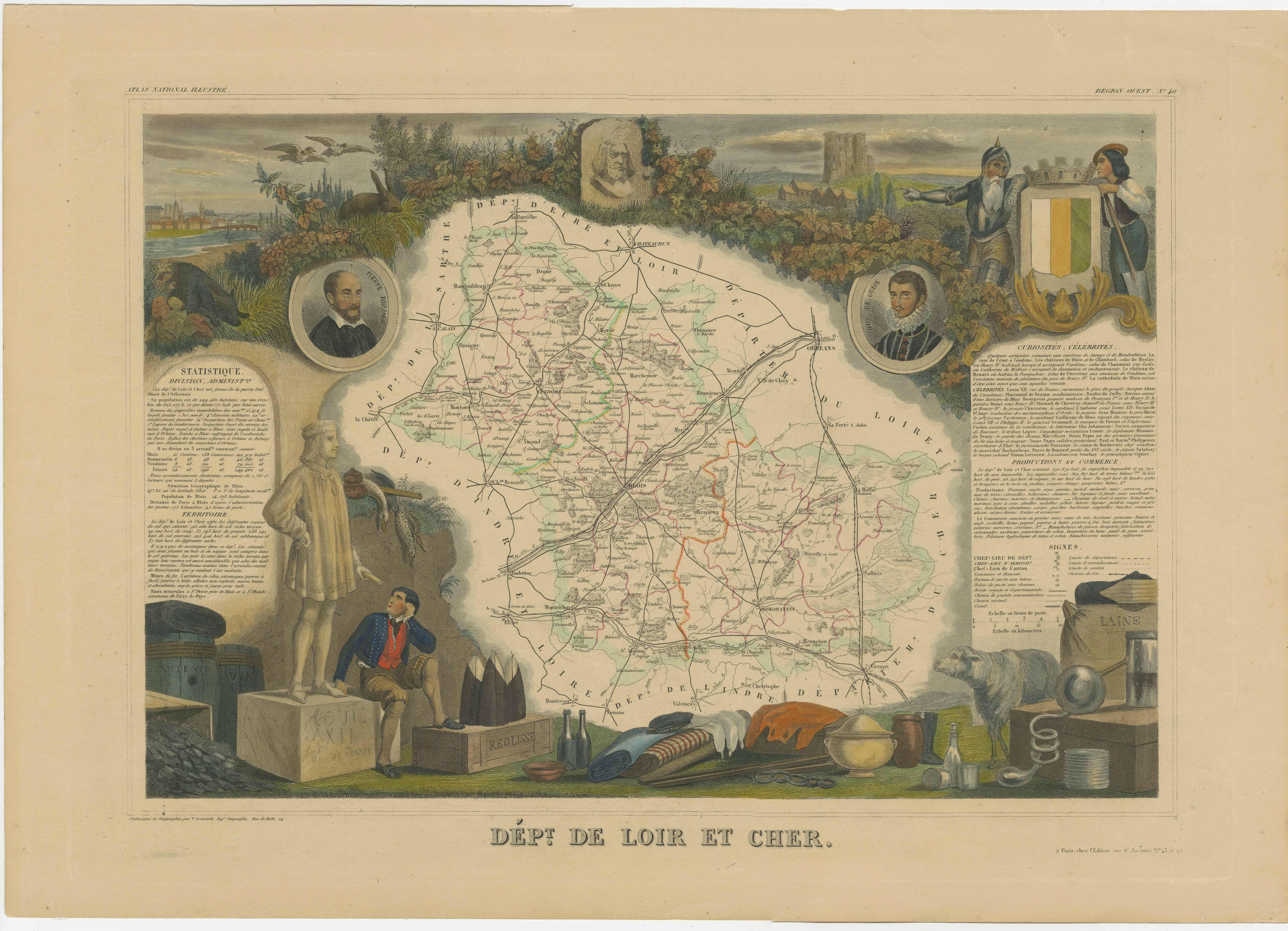 Antique map titled 'Dépt. de Loir et Cher'. Map of the French department Loir-et-Cher, France. This area is mainly known for its production of Selles-sur-Cher, a fine goats-milk cheese. The whole is surrounded by elaborate decorative engravings