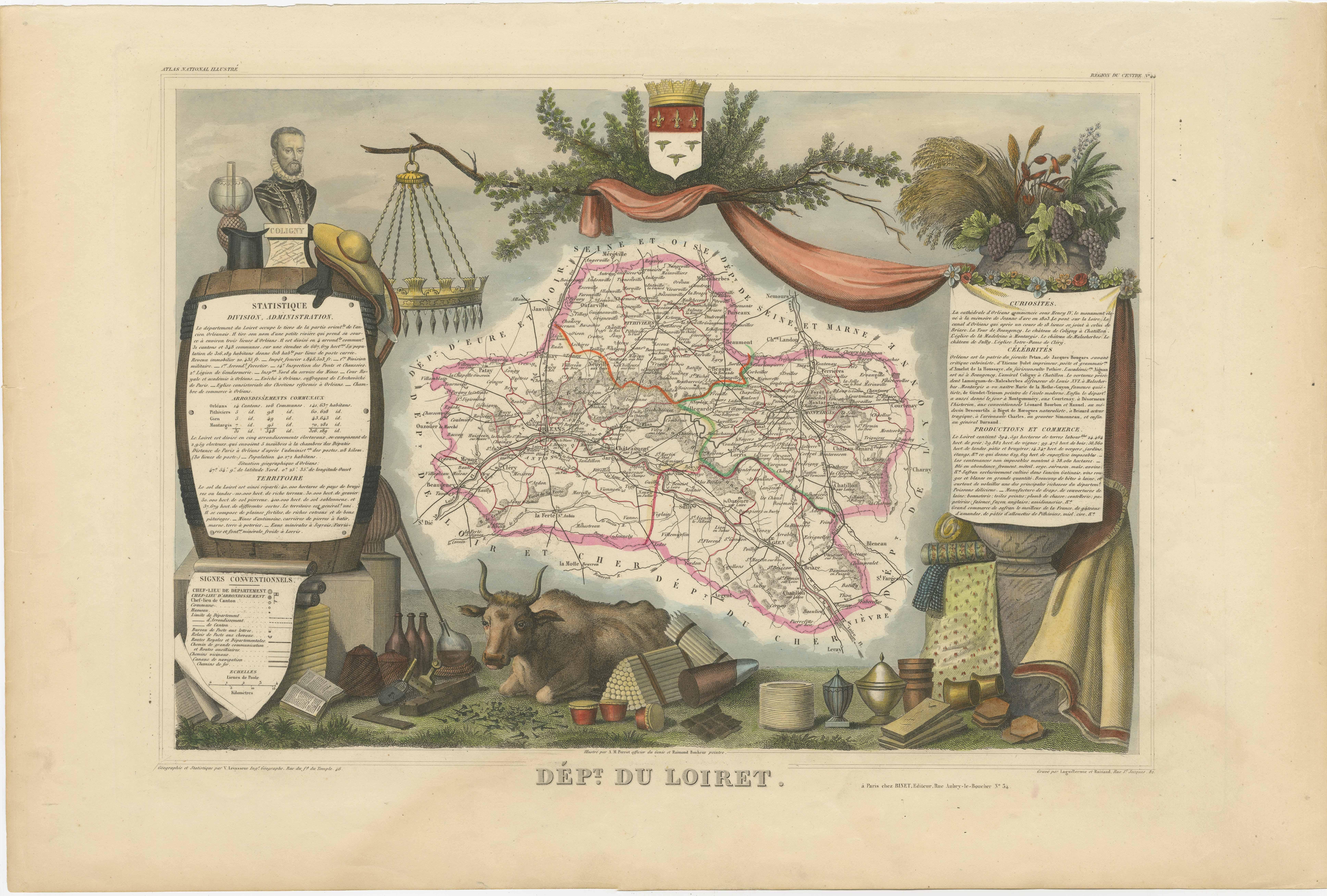 Antique map titled 'Dépt. du Loiret'. Map of the French department of Loiret, France. Surrounding the city of Orleans, Loiret is considered the heart of France and is a registered Unesco World Heritage Site. This area of France is also part of the