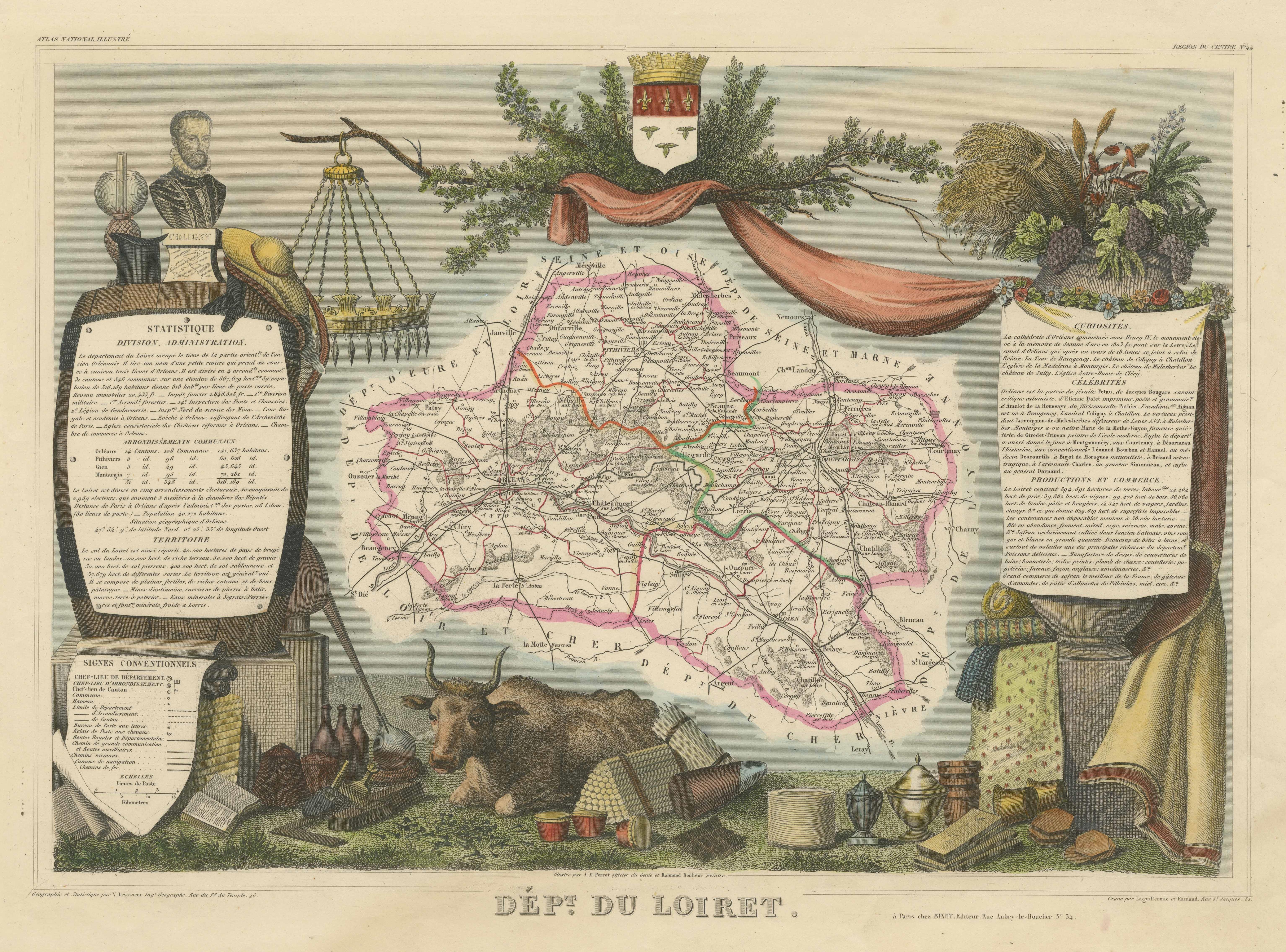 Hand Colored Antique Map of the department of Loiret, France In Good Condition For Sale In Langweer, NL
