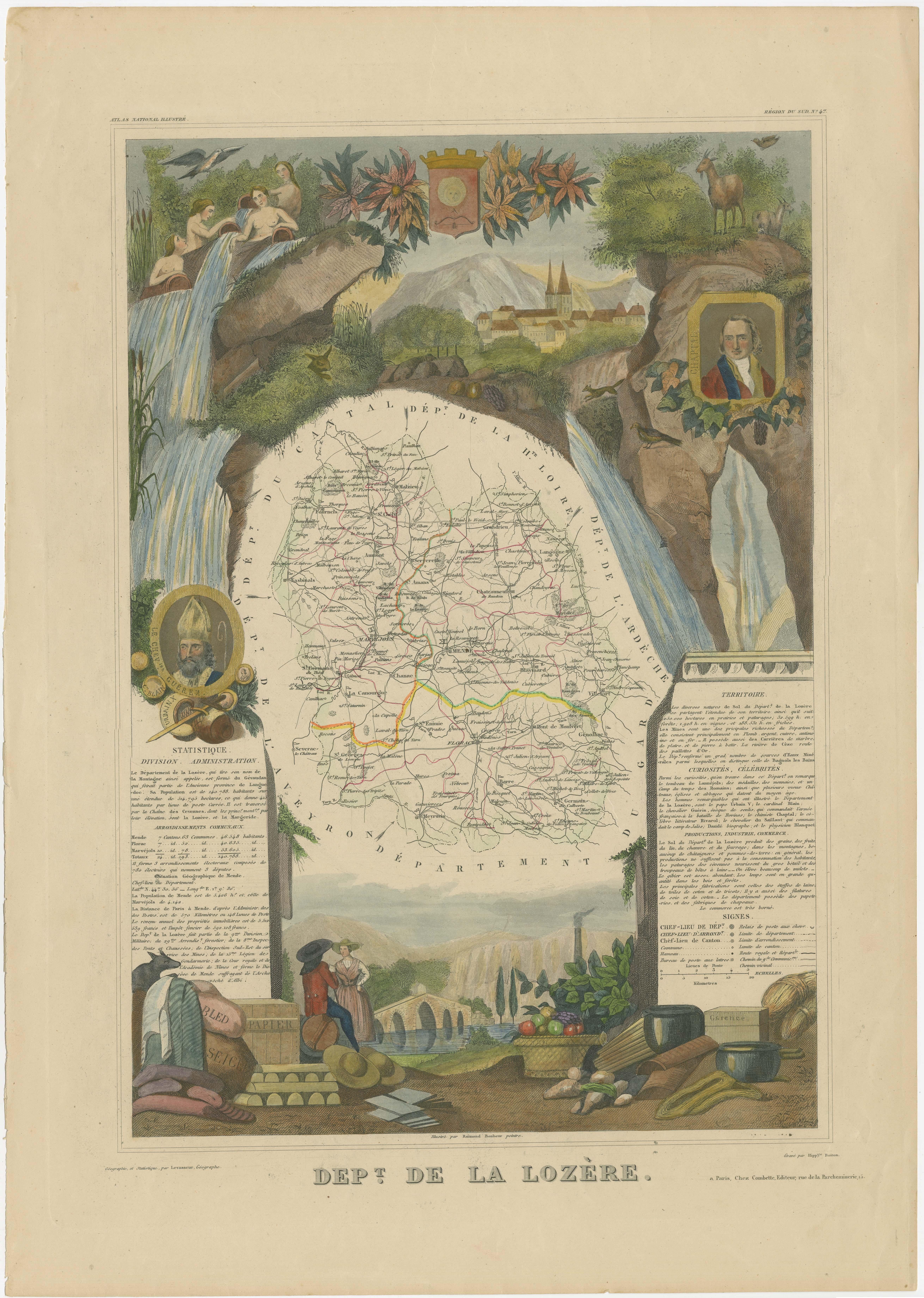 Antique map titled 'Dept. de la Lozère'. Map of the French department of Lozere, France. This remote mountainous part of Languedoc is rural, sparcely populated, and extremely beautiful. This area of France is famous for its cheese production. Their