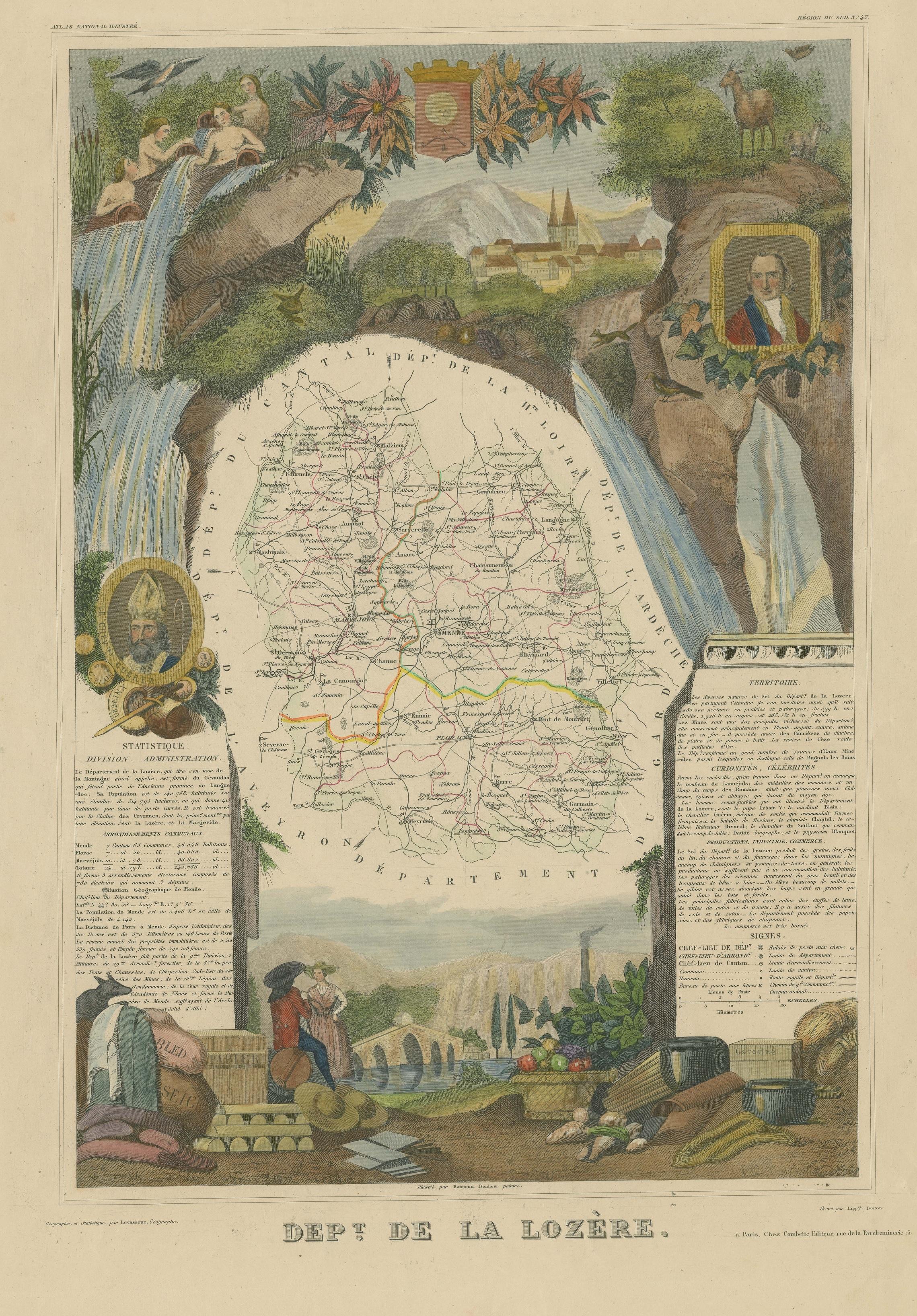 Handkolorierte antike Karte der Abteilung Lozere, Frankreich im Zustand „Gut“ im Angebot in Langweer, NL