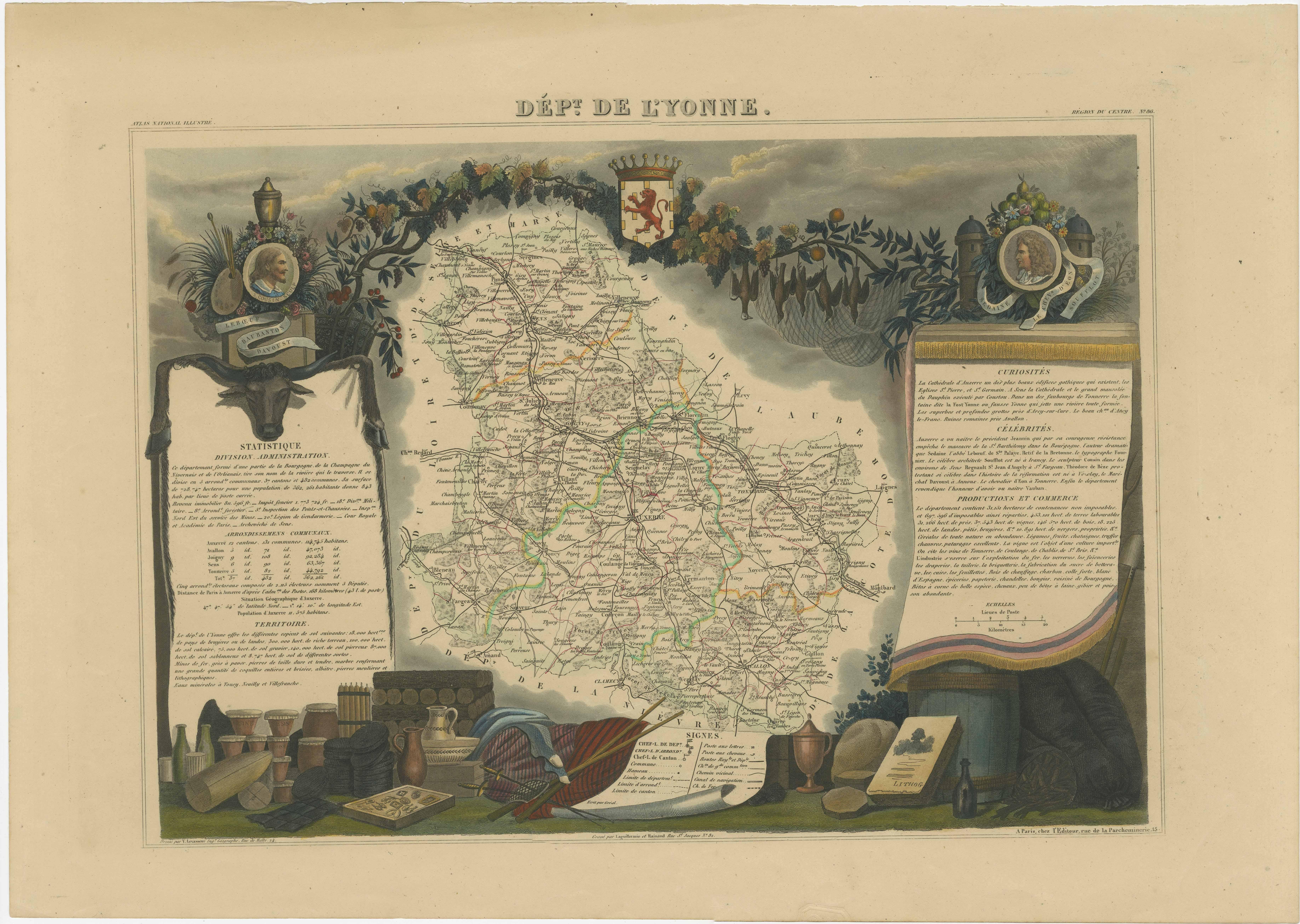 Antike Karte mit dem Titel 'Dept. de l'Yonne'. Karte des französischen Departements L'Yonne, Frankreich. L'Yonne gehört zu Frankreichs wichtigstem Weinbaugebiet Burgund und produziert einige der besten Rotweine der Welt. Die Yonne ist auch eines von