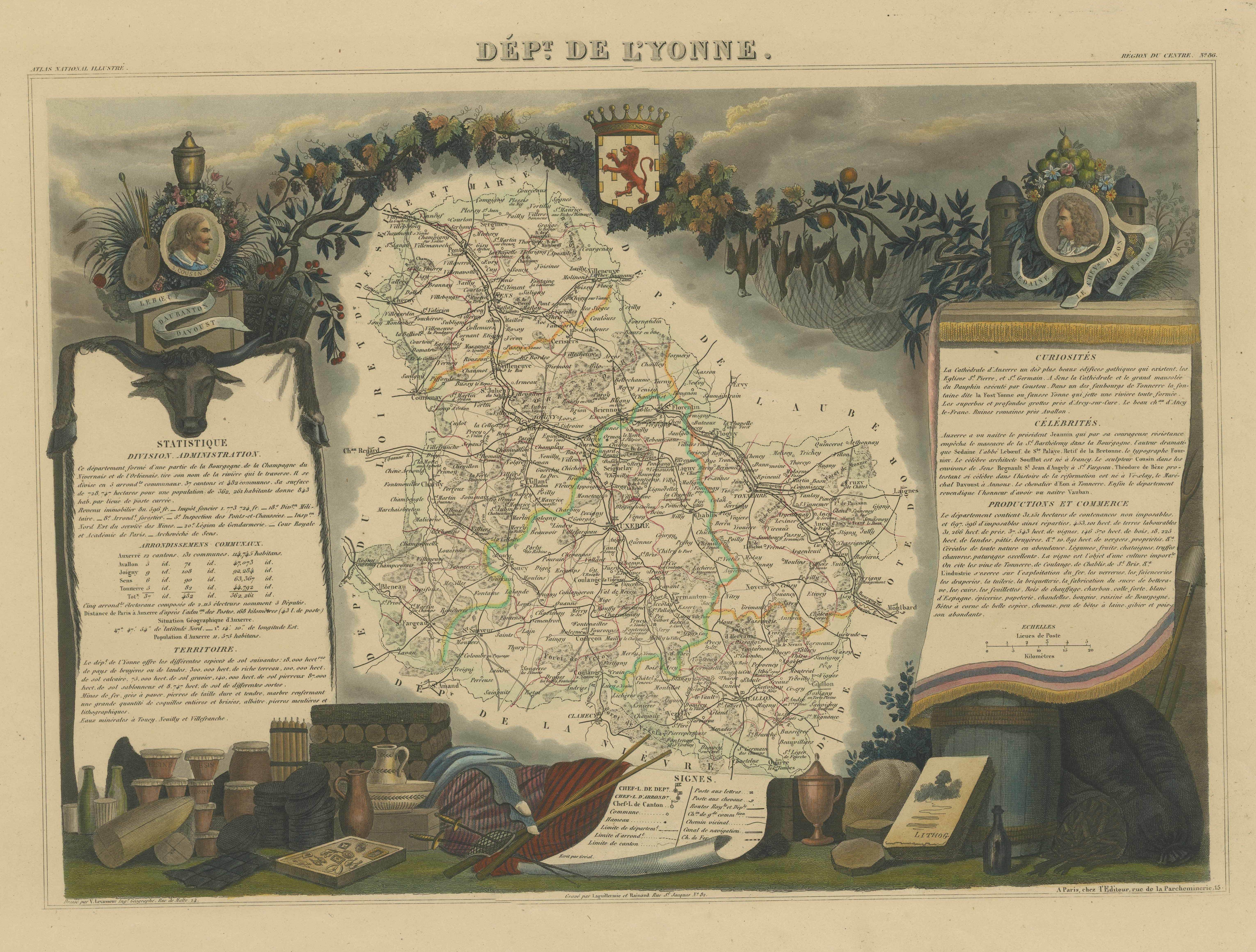 Handkolorierte antike Karte des Departements L''Yonne, Frankreich im Zustand „Gut“ im Angebot in Langweer, NL