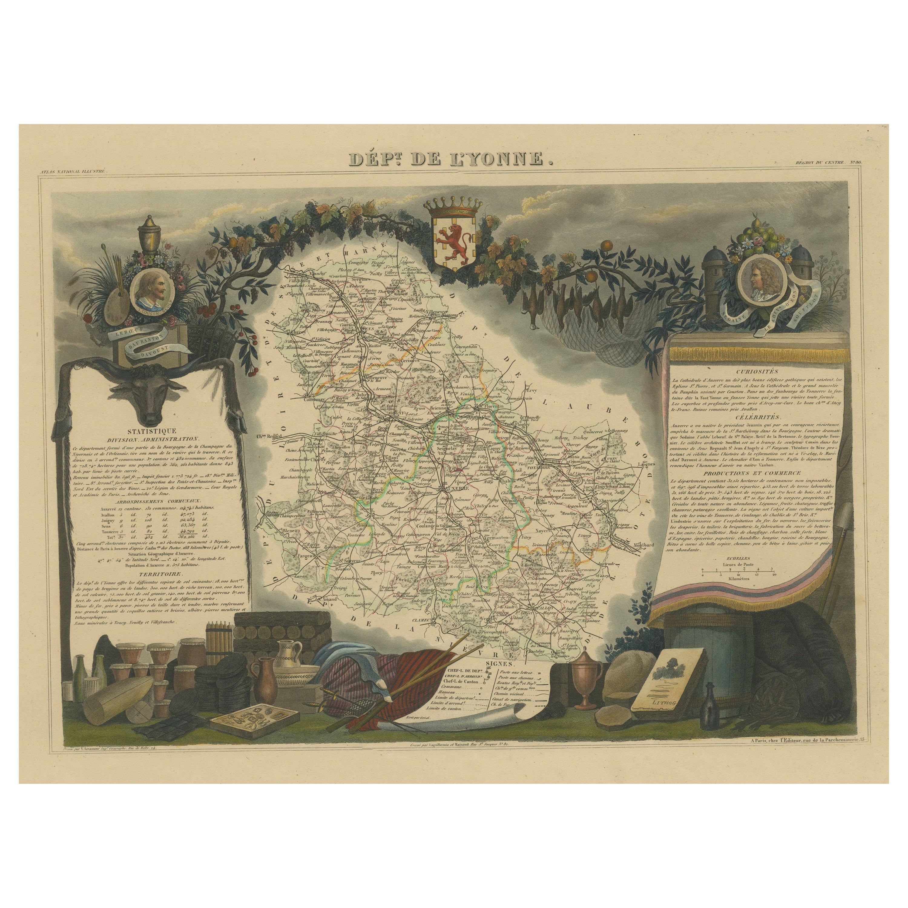 Mappa antica colorata a mano del Dipartimento di L'Yonne, Francia