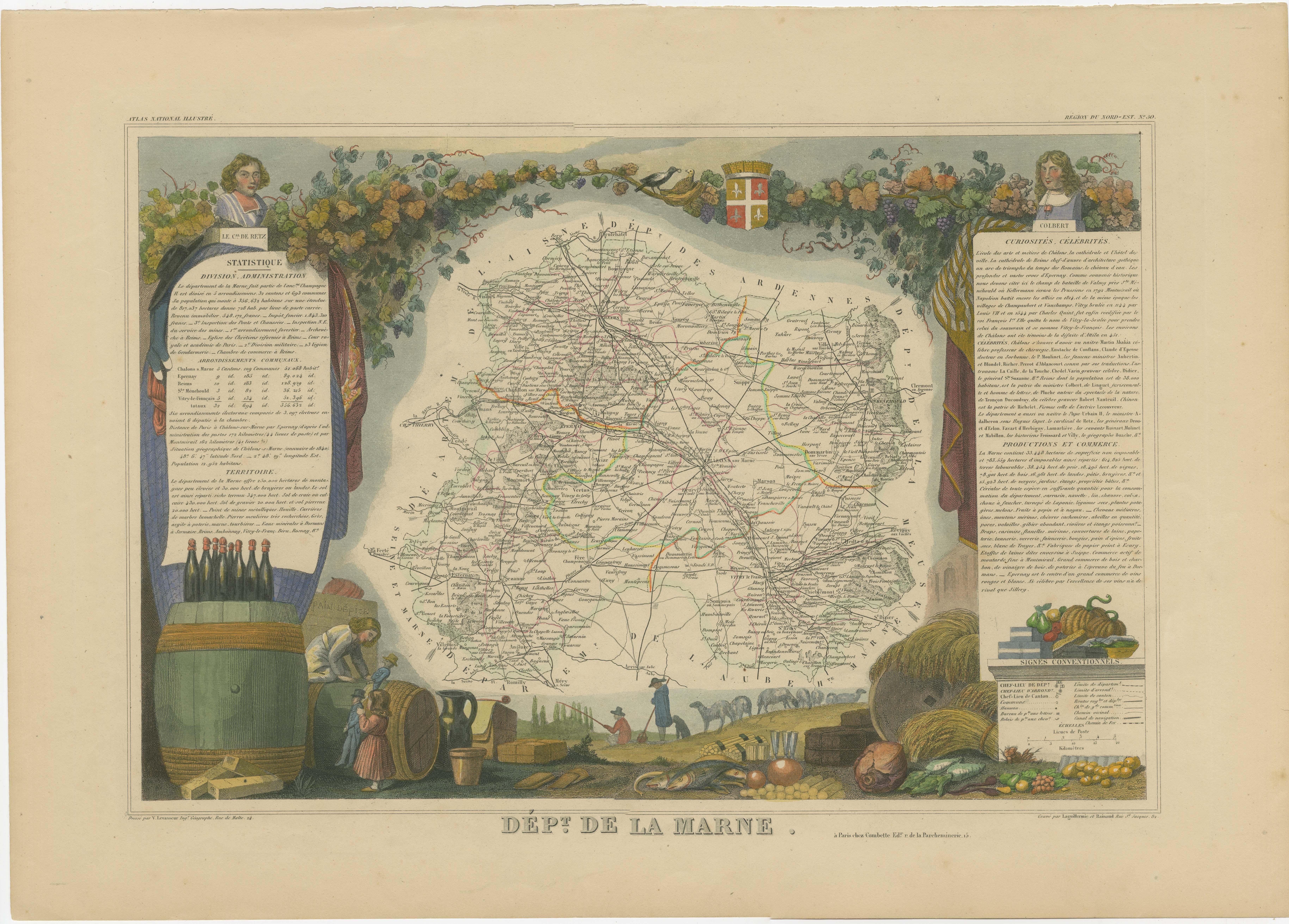 Antique map titled 'Dépt. de la Marne'. Map of the French department of Marne, France. This department is home to the Champagne region where the world's finest sparkling wine is produced. The map is surrounded by elaborate decorative engravings