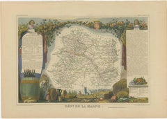 Carte ancienne, colorée à la main, du département de la Marne, France