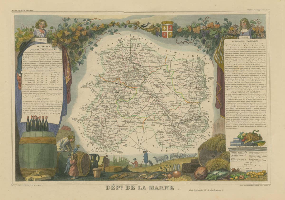 Hand Colored Antique Map of the Department of Marne, France