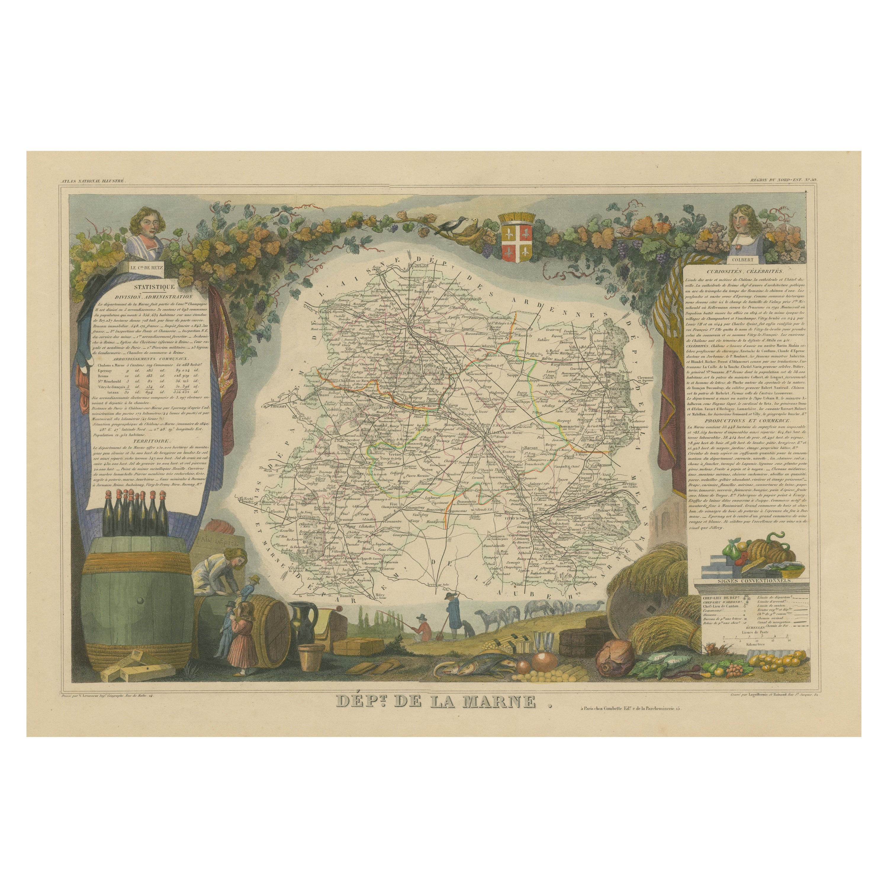 Carte ancienne, colorée à la main, du département de la Marne, France