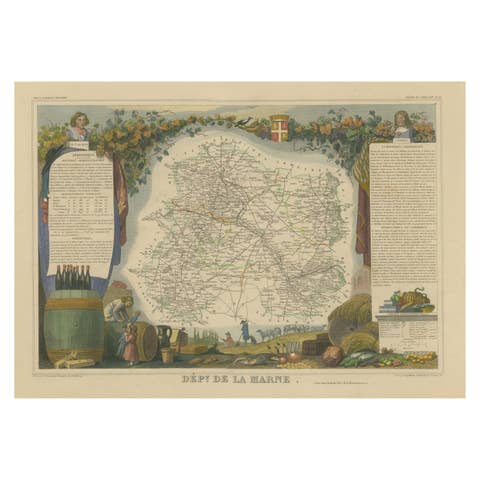 Hand Colored Antique Map of the Department of Marne, France