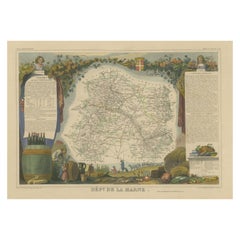 Carte ancienne, colorée à la main, du département de la Marne, France