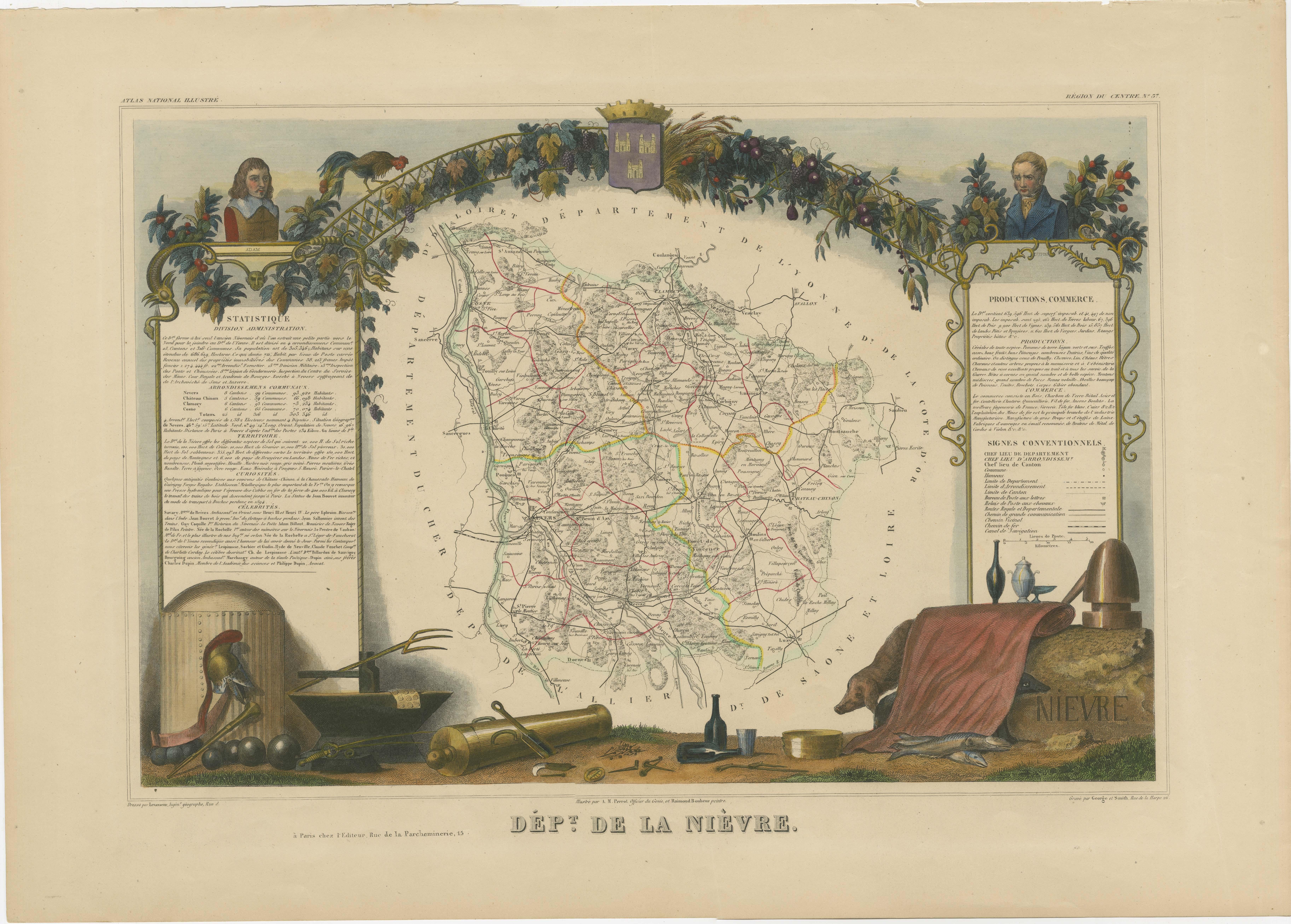 Antique map titled 'Dept. de la Nièvre'. Map of the French department of Nievre, France. Part of the prestiegous Burgundy or Bourgogne wine region this area is known for its production of Pouilly Fumé, a white wine. The word “fumé” is French for