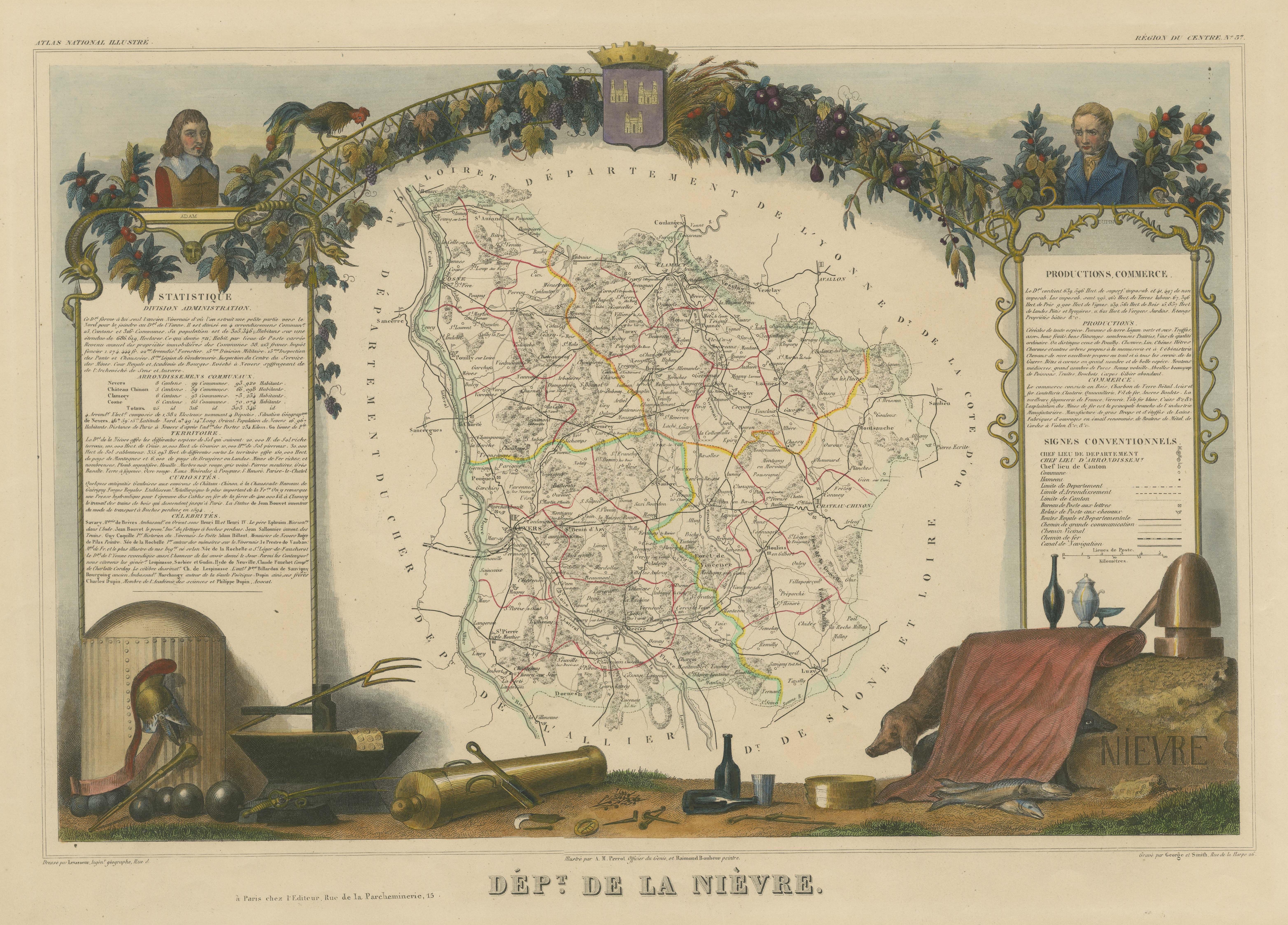 Hand Colored Antique Map of the Department of Nièvre, France In Good Condition For Sale In Langweer, NL