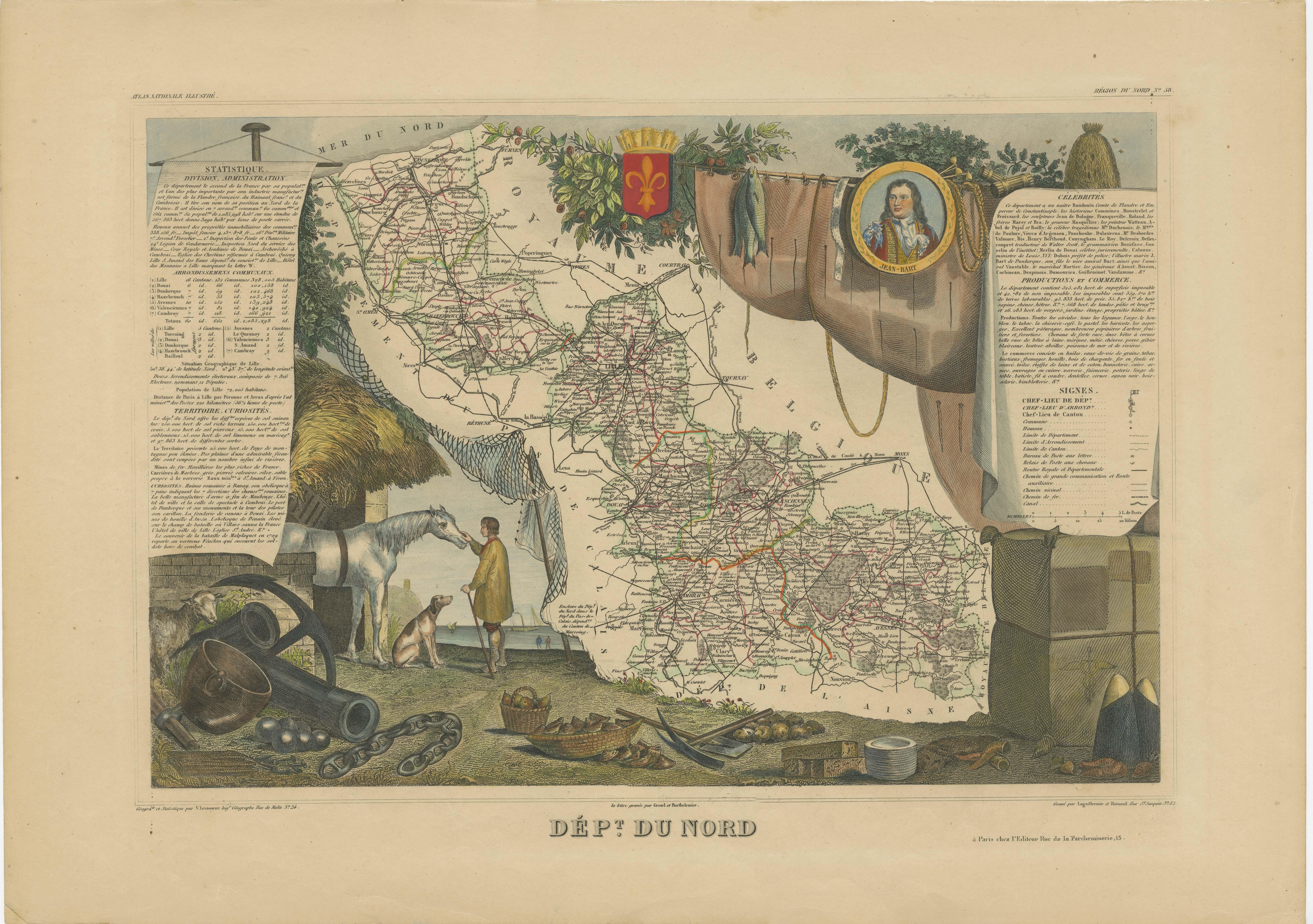 Antike Karte mit dem Titel 'Dept. du Nord'. Karte des französischen Departements Nord, Frankreich. Dieses Gebiet ist bekannt für die Herstellung von Maroilles, einem Kuhmilchkäse. Dieser Käse wird in rechteckigen Blöcken mit einer feuchten,