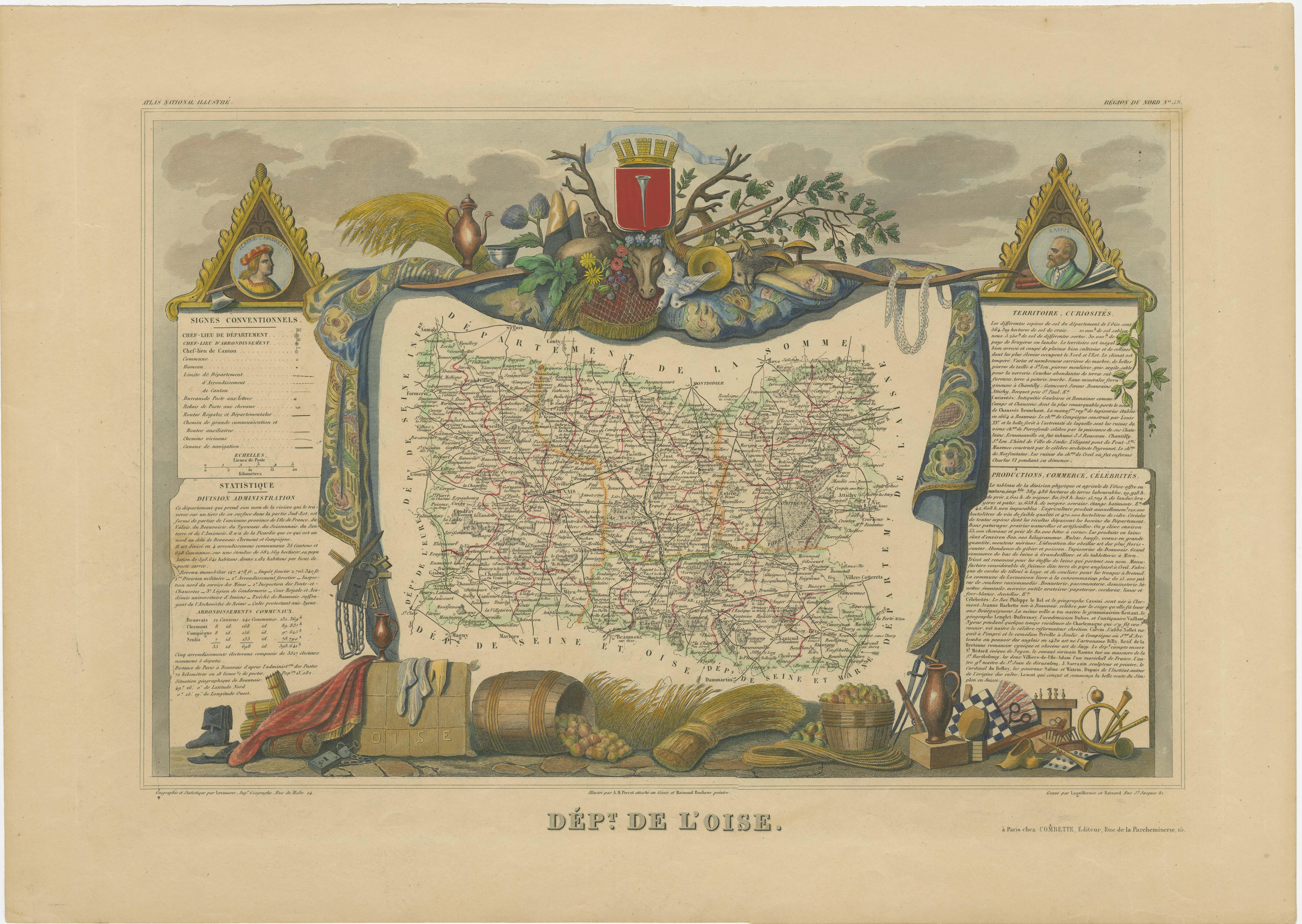 Antique map titled 'Dept. de l'Oise'. Old map of the French department of Oise, France. The map proper is surrounded by elaborate decorative engravings designed to illustrate both the natural beauty and trade richness of the land. There is a short