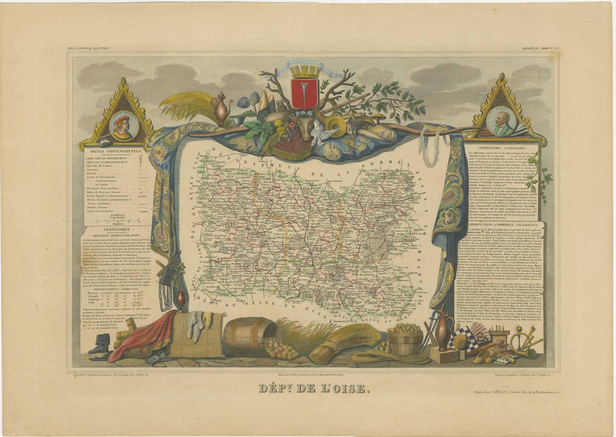 Hand Colored Antique Map of the Department of Oise, France