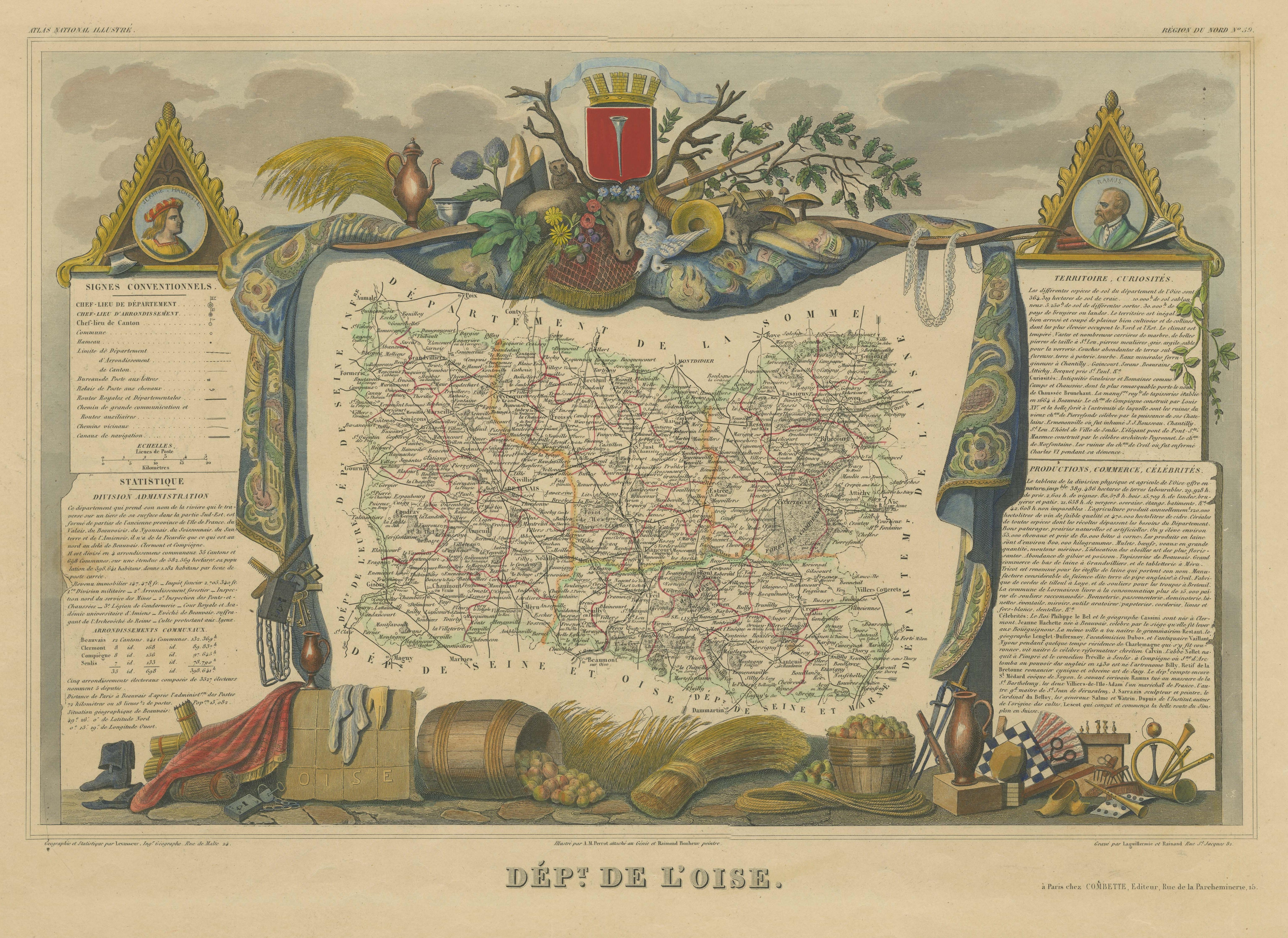 Handkolorierte antike Karte des Departements Oise, Frankreich im Zustand „Gut“ im Angebot in Langweer, NL