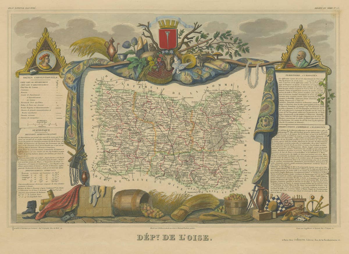Hand Colored Antique Map of the Department of Oise, France