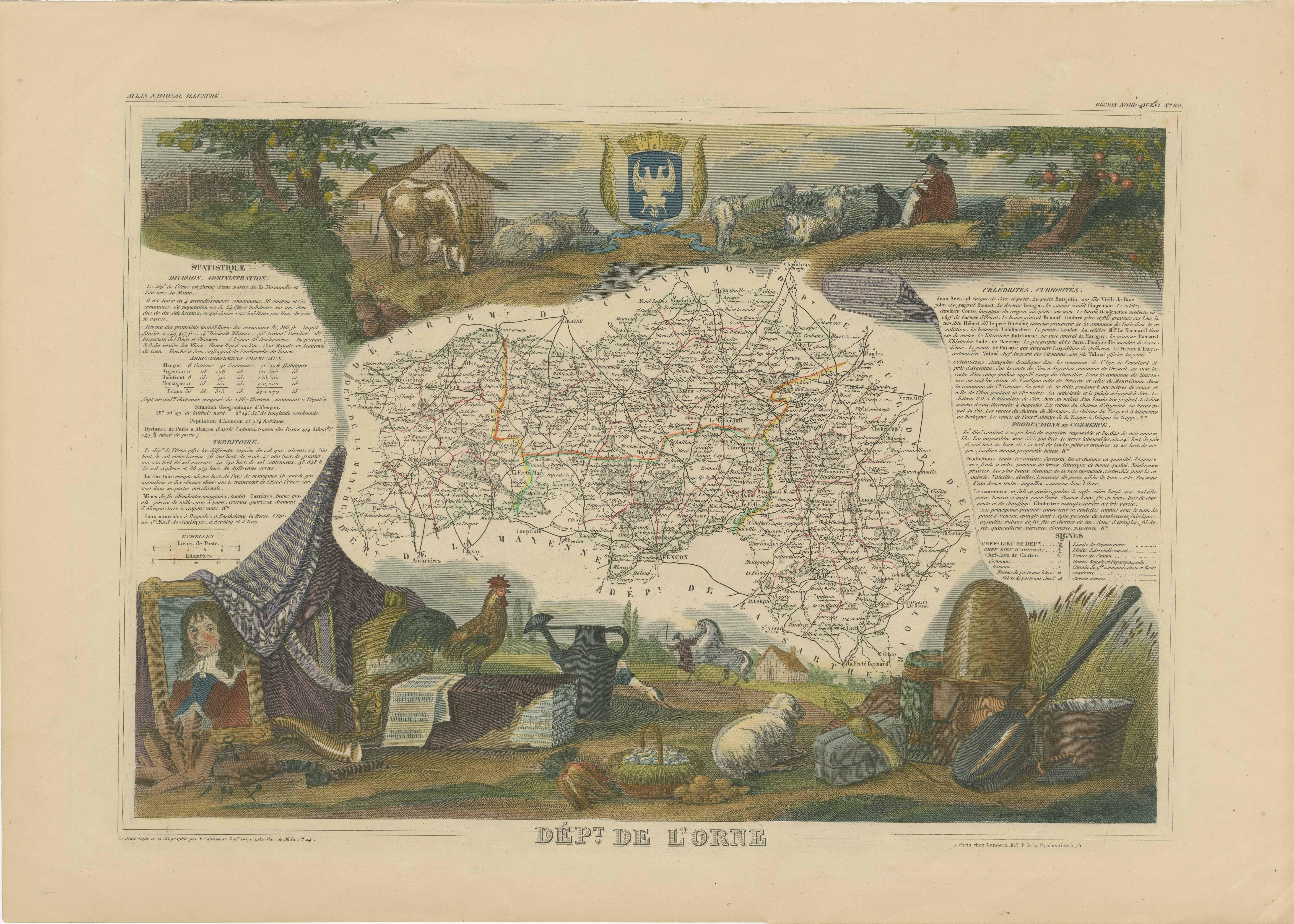Antique map titled 'Dépt. de l'Orne'. Map of the French department of Orne, France. This area, part of Normandy, includes the village of Camembert, where the famous Camembert cheese was first developed. Camembert is a soft, creamy, surface-ripened