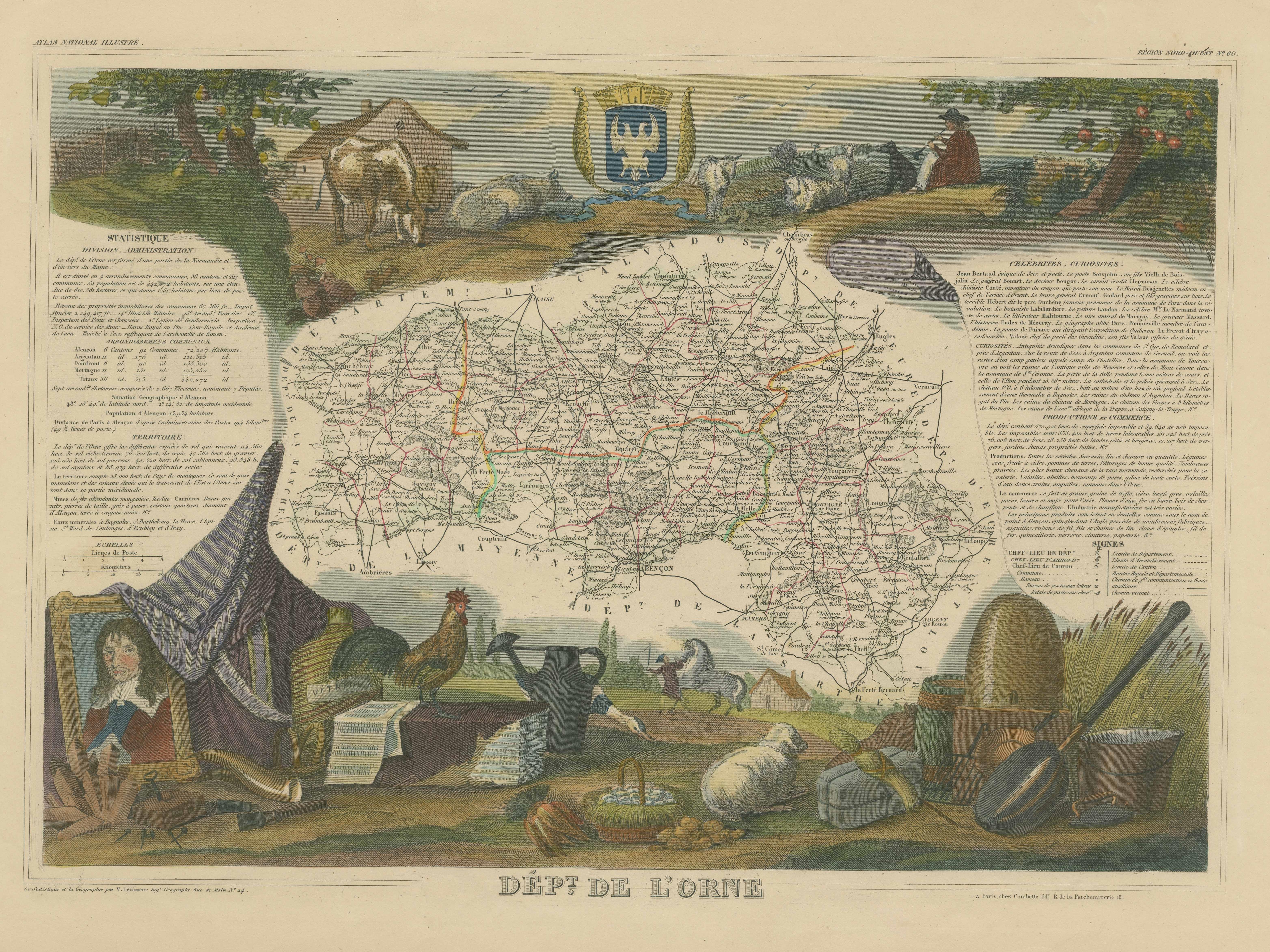 Mapa Antiguo Coloreado a Mano del Departamento de Orne, Francia en Bueno estado para la venta en Langweer, NL