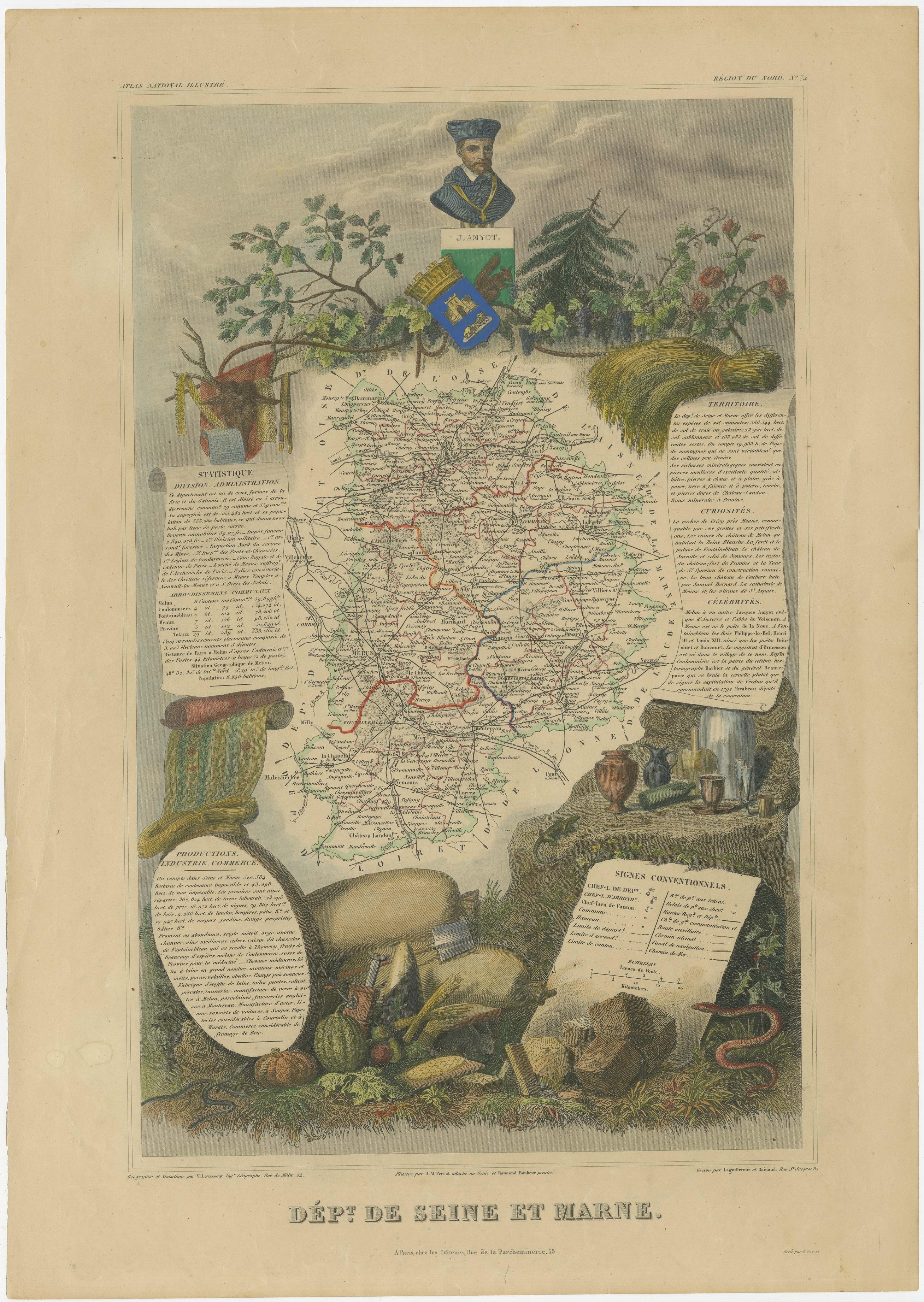 Antike Karte mit dem Titel 'Dépt. de Seine et Marne'. Karte des französischen Departements Seine Et Marne, Frankreich. In dieser Region wird eine große Vielfalt an Weinen produziert und jährlich eine Wein- und Käsemesse veranstaltet. Dieses Gebiet