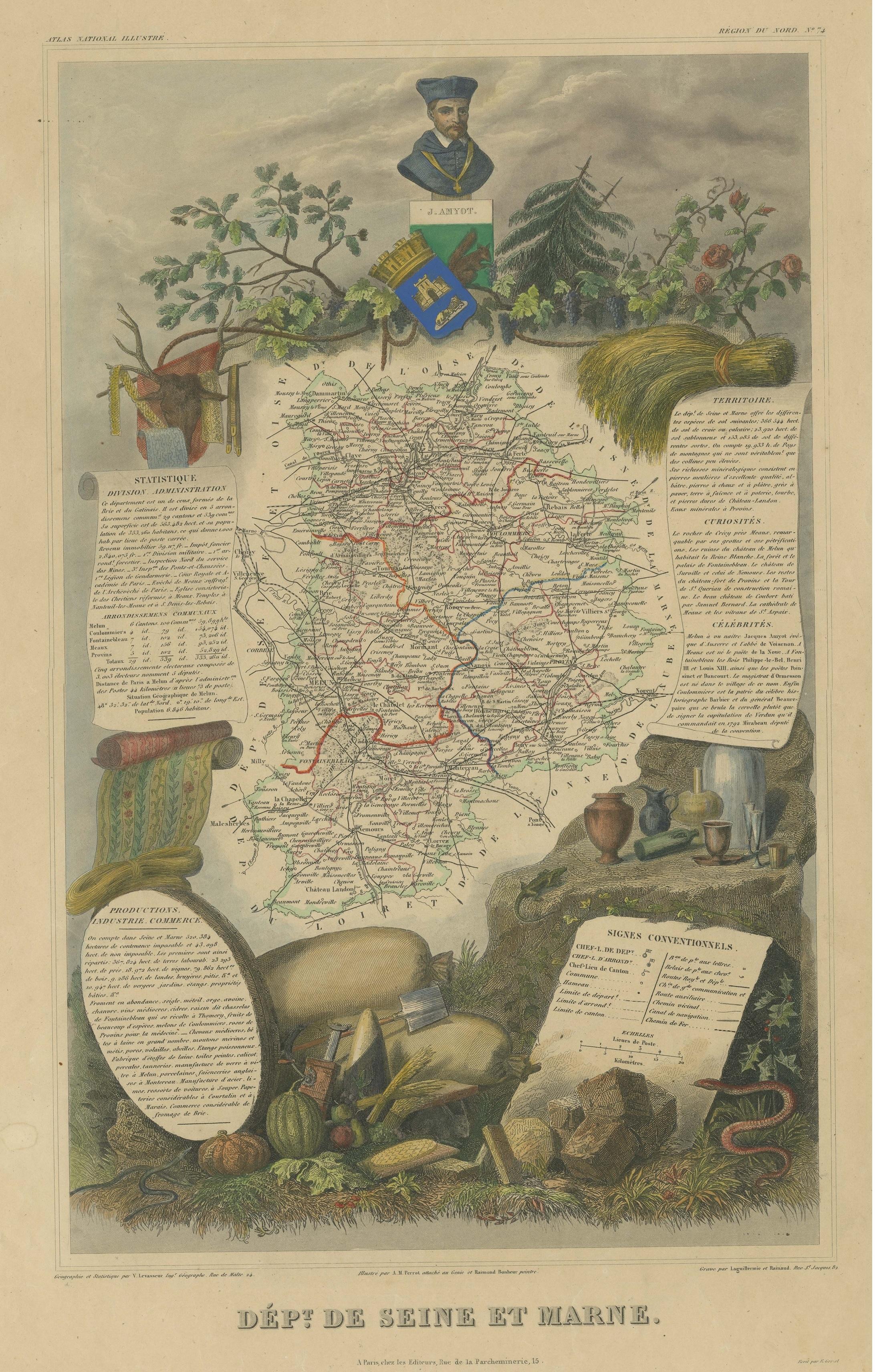 Mapa Antiguo Coloreado a Mano del Departamento de Seine Et Marne, Francia en Bueno estado para la venta en Langweer, NL