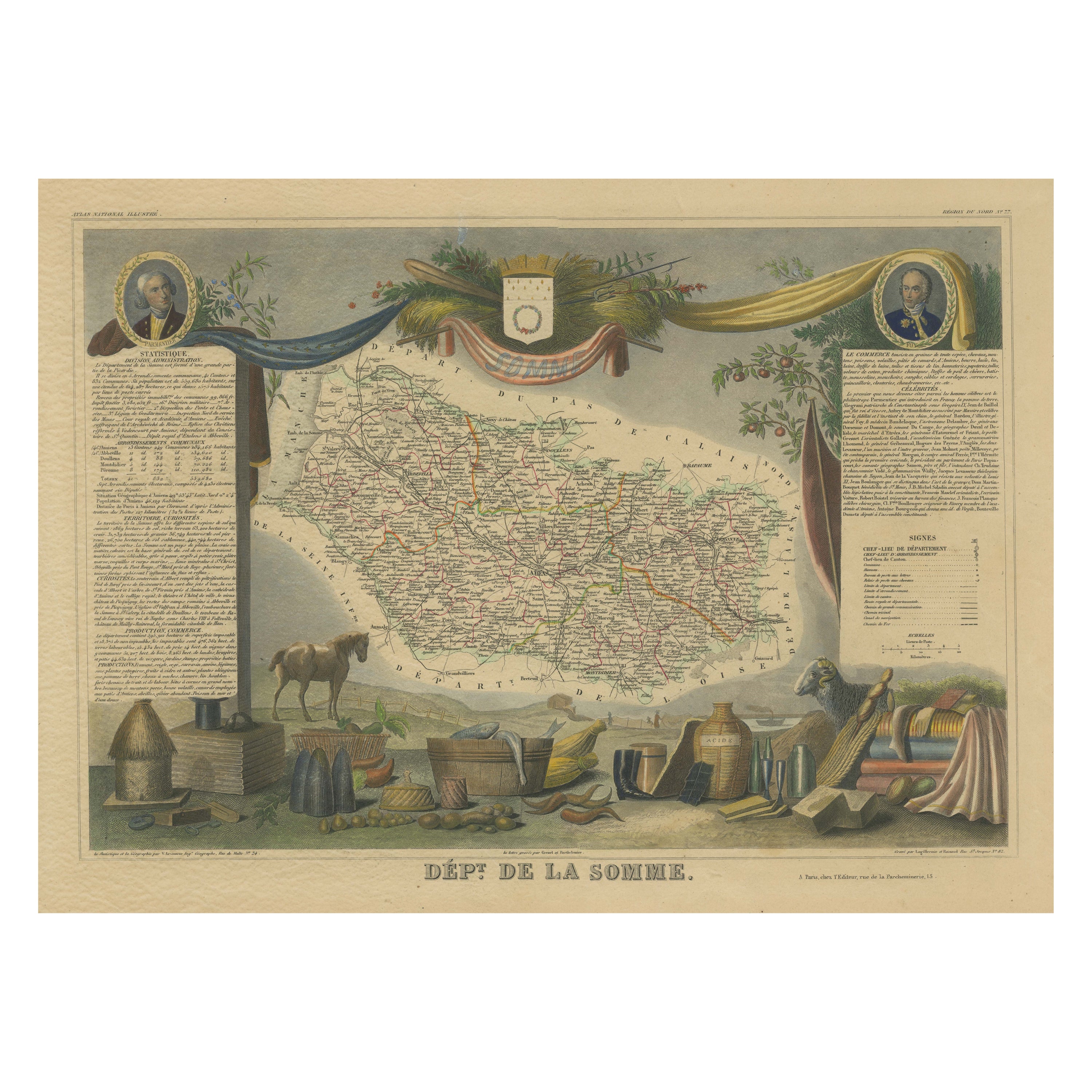 Carte ancienne colorée à la main du département du Somme, France