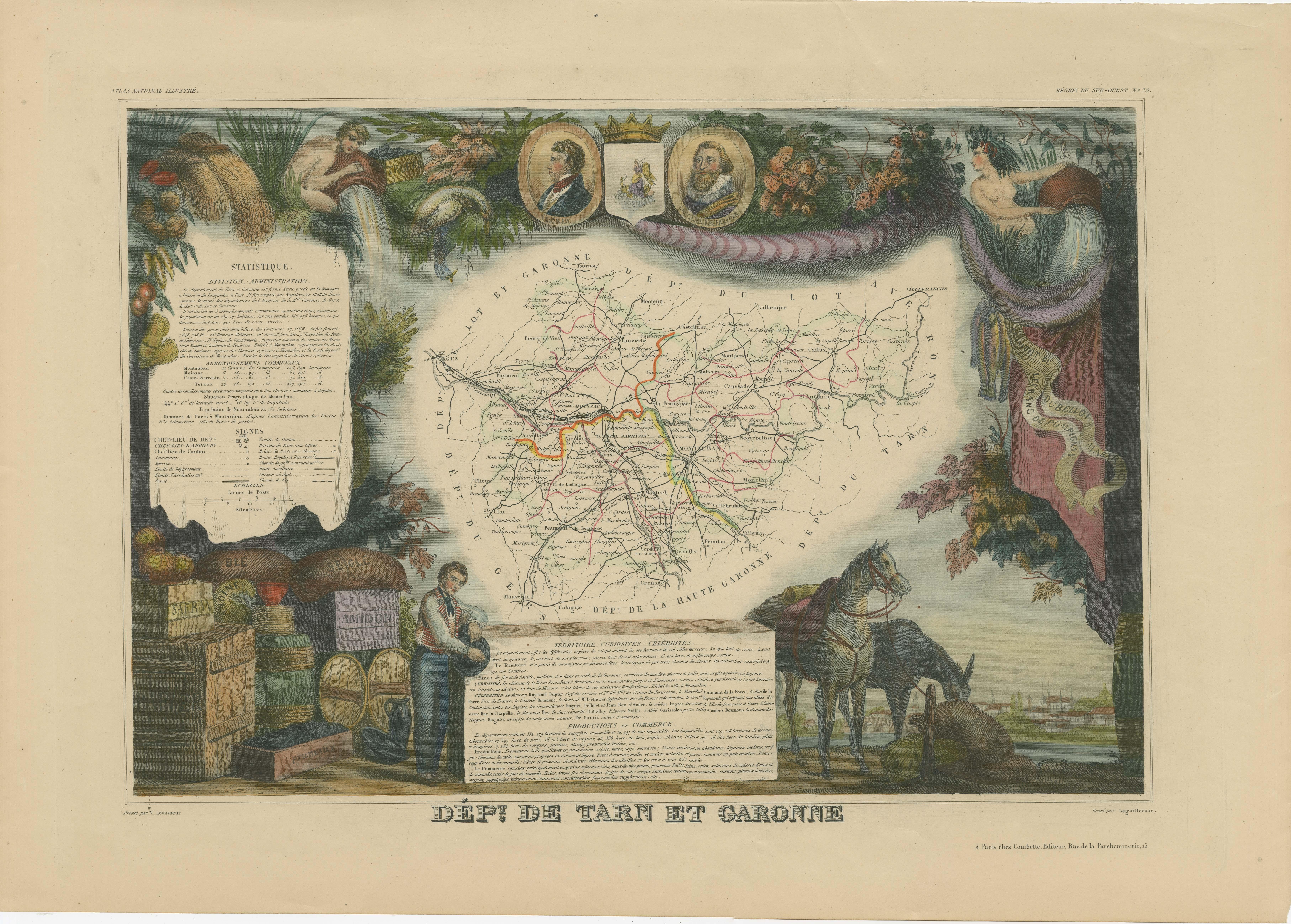 Antique map titled 'Dépt. de Tarn et Garonne'. map of the French department of Tarn et Garonne, France. This map is centered around the city of Moissac, which is known for its fine desert grapes. This area produces a number of quality wines, such as