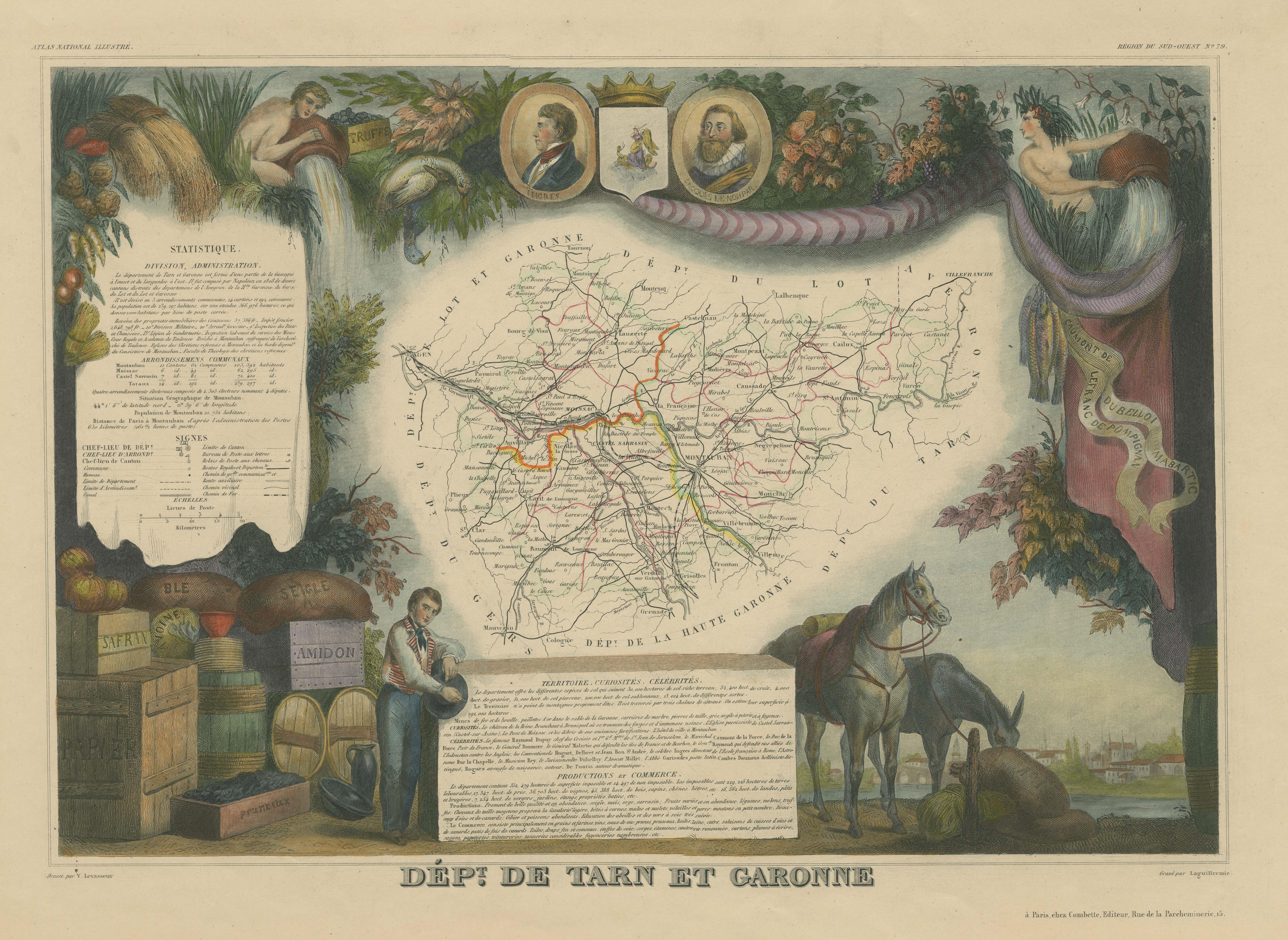 Handkolorierte antike Karte des Departements Tarn Et Garonne, Frankreich im Zustand „Gut“ im Angebot in Langweer, NL