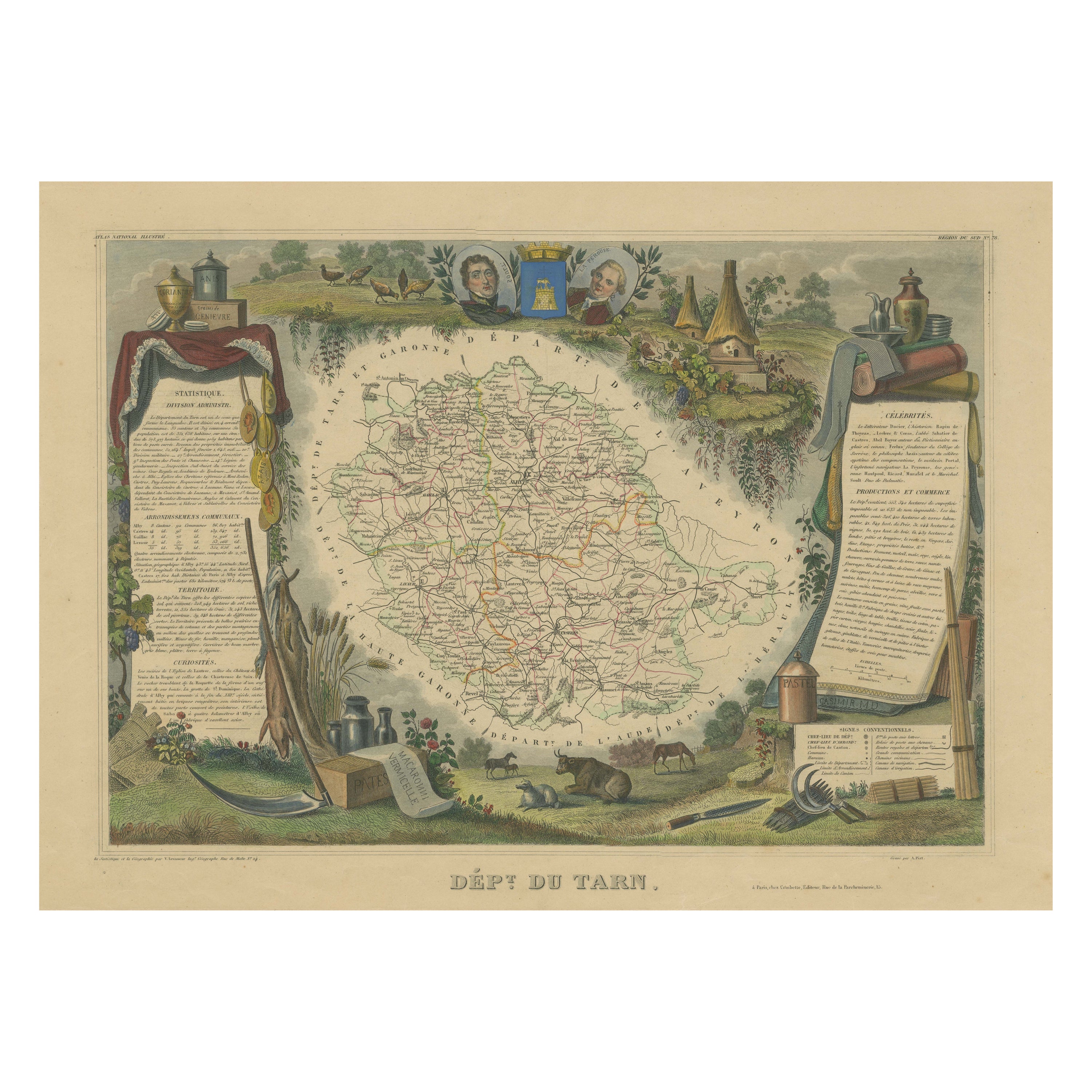 Carte ancienne coloriée à la main du département du Tarn, France, vers 1852