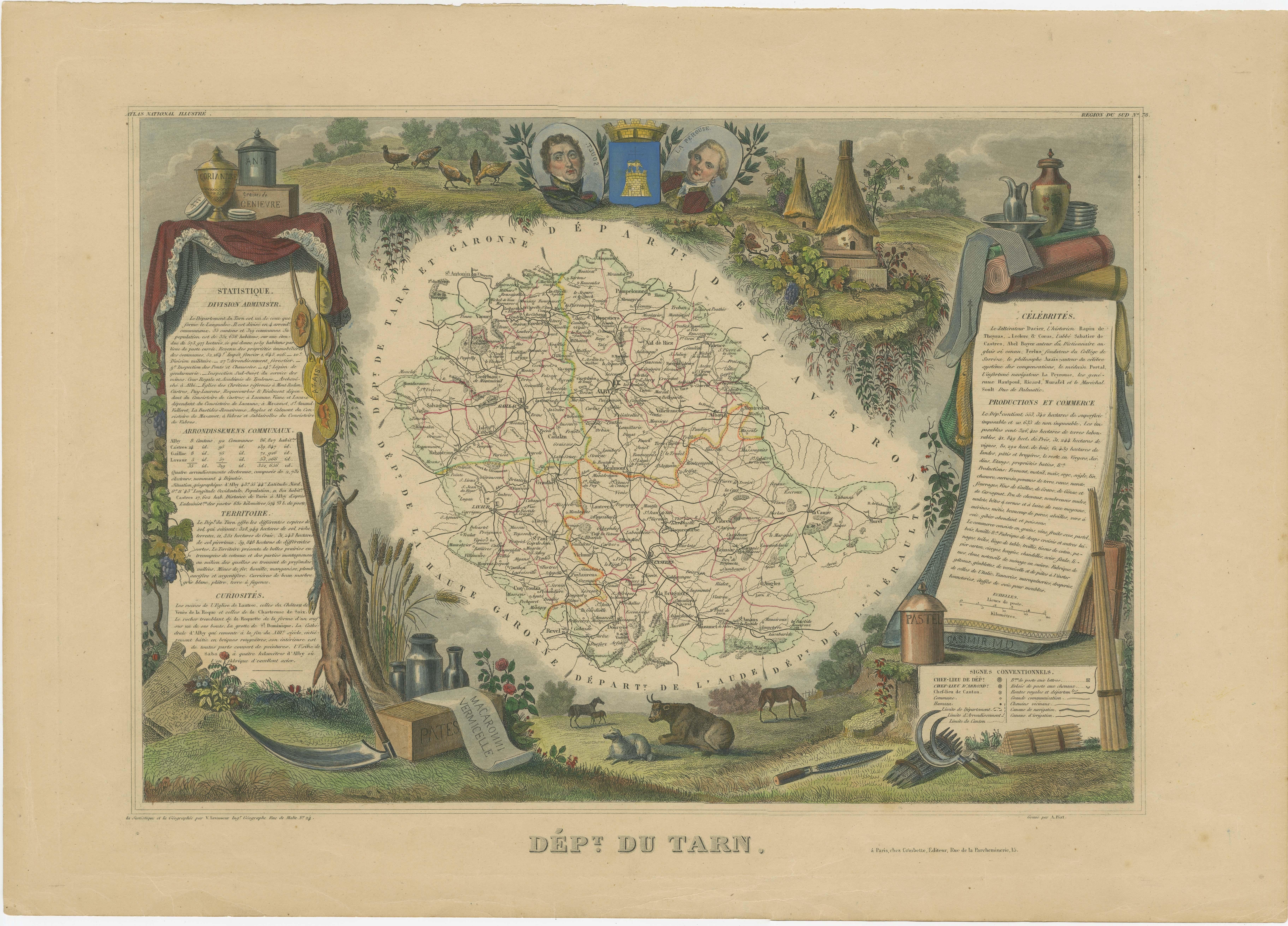 Antique map titled 'Dépt. du Tarn'. Map of the French department of Tarn, France. This area produces a variety of traditional wines, including Cahors, Mauzac, Loin de l’Oeil and Ondenc for the white varieties and Braucol, Duras and Prunelart for the
