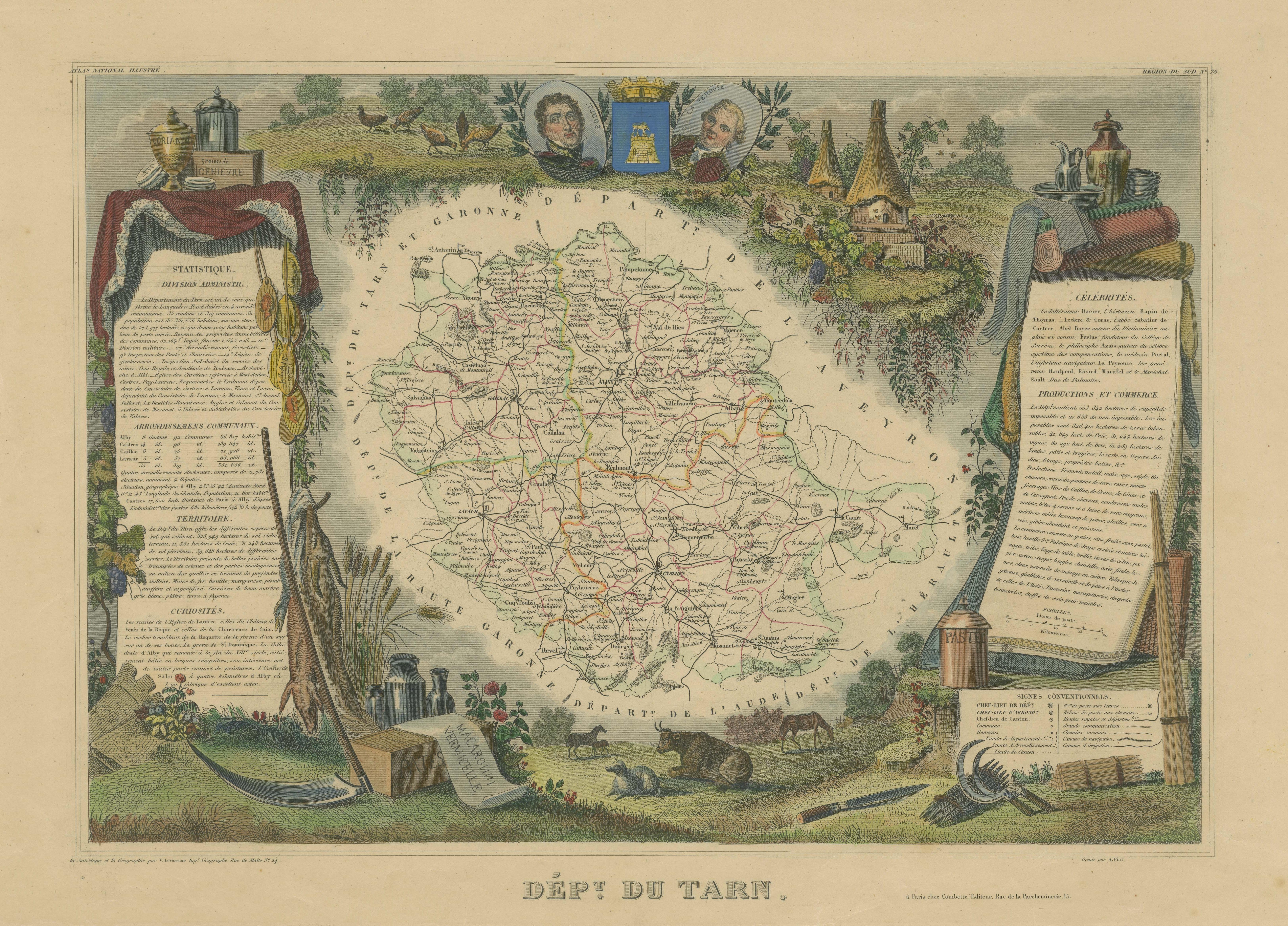 Carte ancienne coloriée à la main du département du Tarn, France, vers 1852 Bon état - En vente à Langweer, NL