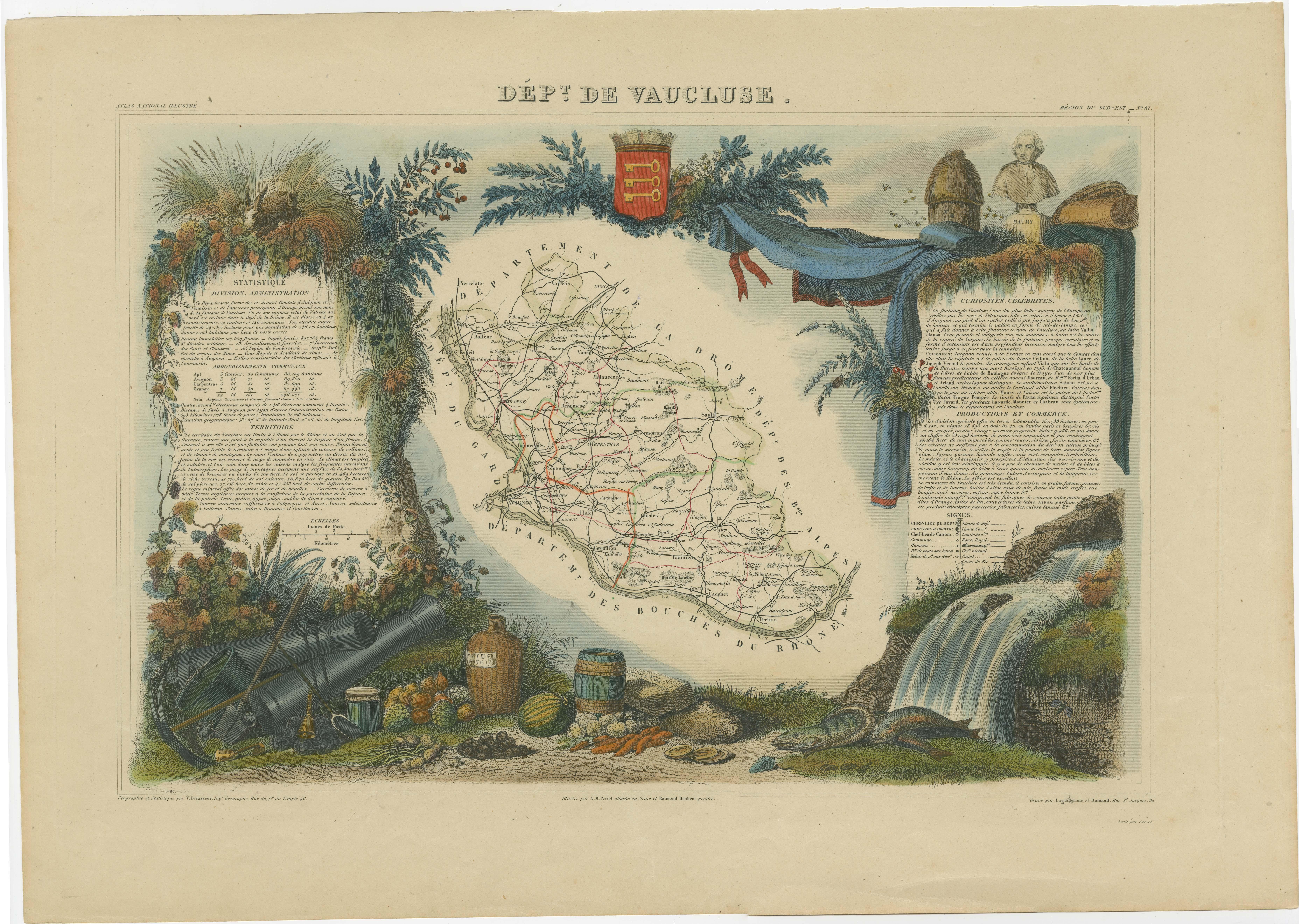 Antique map titled 'Dépt de Vaucluse'. Map of the French department of Vaucluse, France. Vaucluse is the center of wine production in the southern Rhone. Some of the smartest wines in France can be found here. There is also a very strong movement