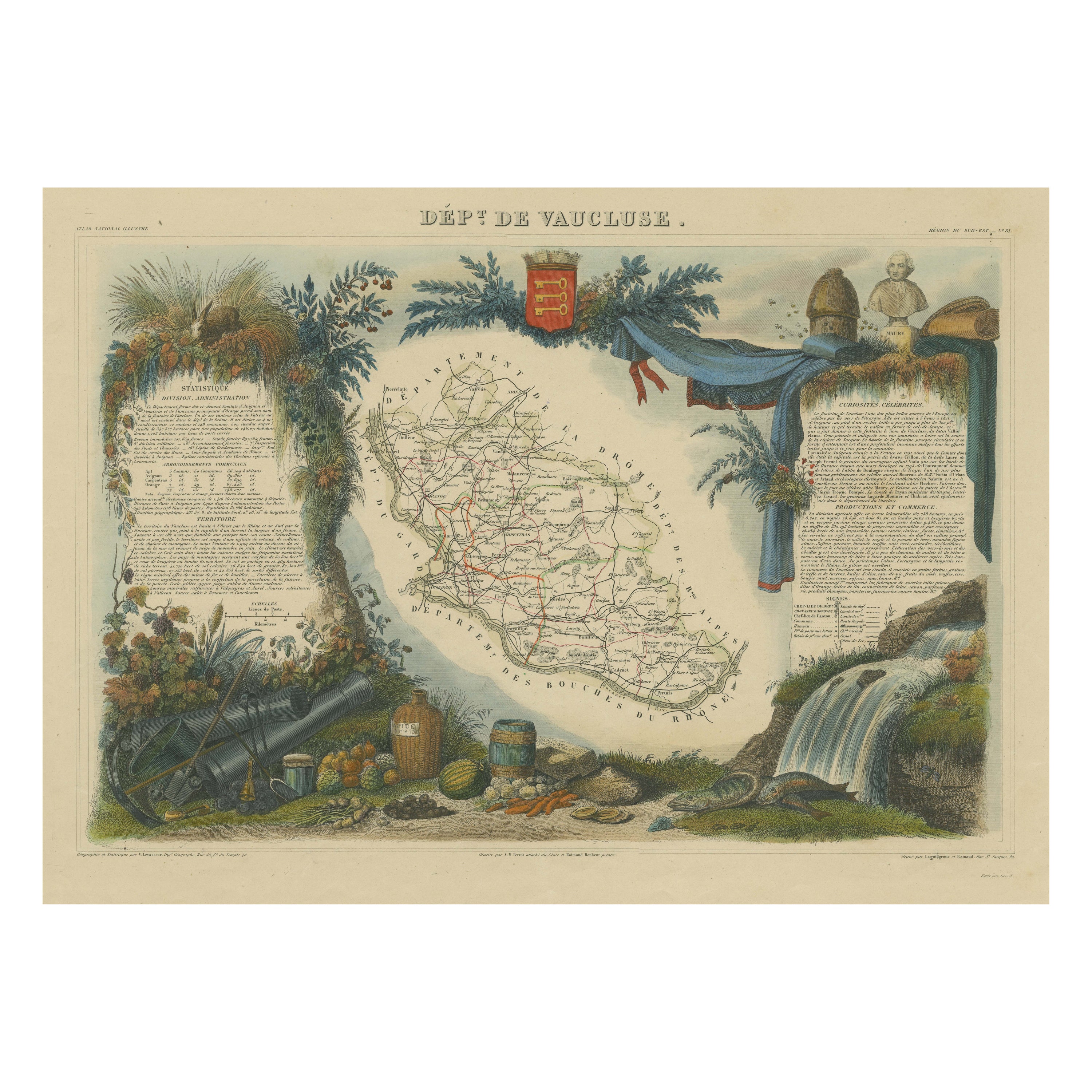 Mappa antica colorata a mano del Dipartimento di Vaucluse, Francia
